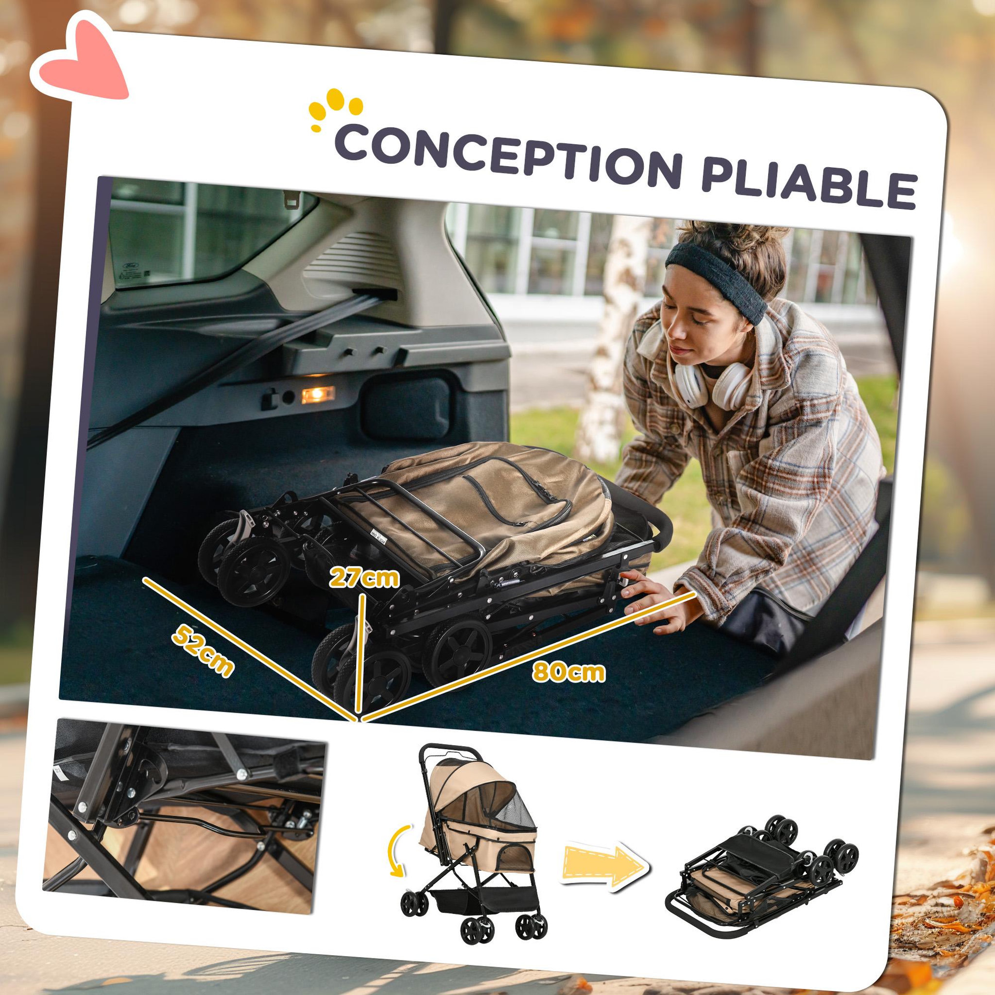 Voir la diapositive 4 : PAWHUT Poussette buggy pliable chien chat panier et sac de rangement attaches sécurité housse réglable poignée réglable acier Oxford beige