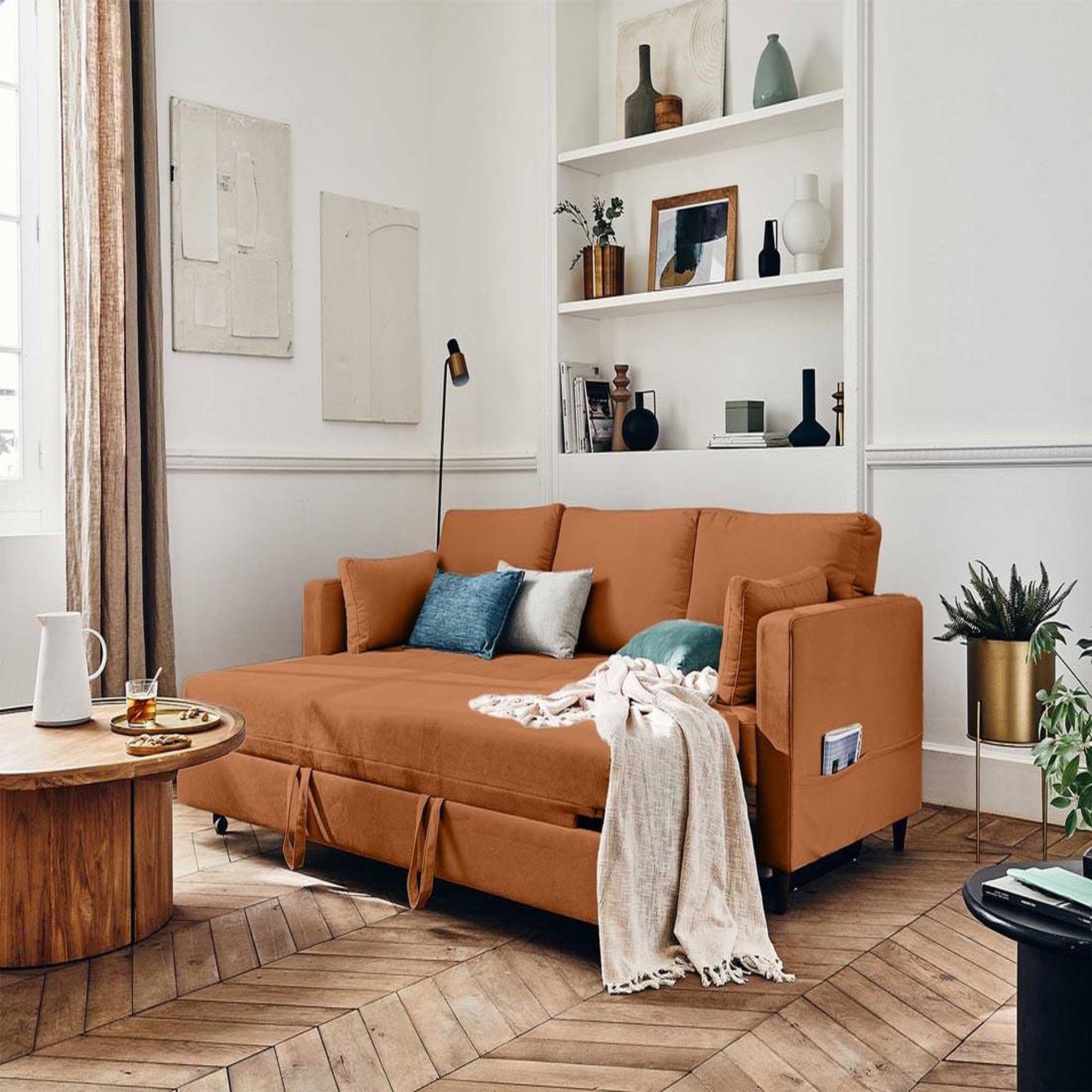 Voir la diapositive 2 : BEST MOBILIER Anna - canapé droit 3 places convertible avec poche en velours
