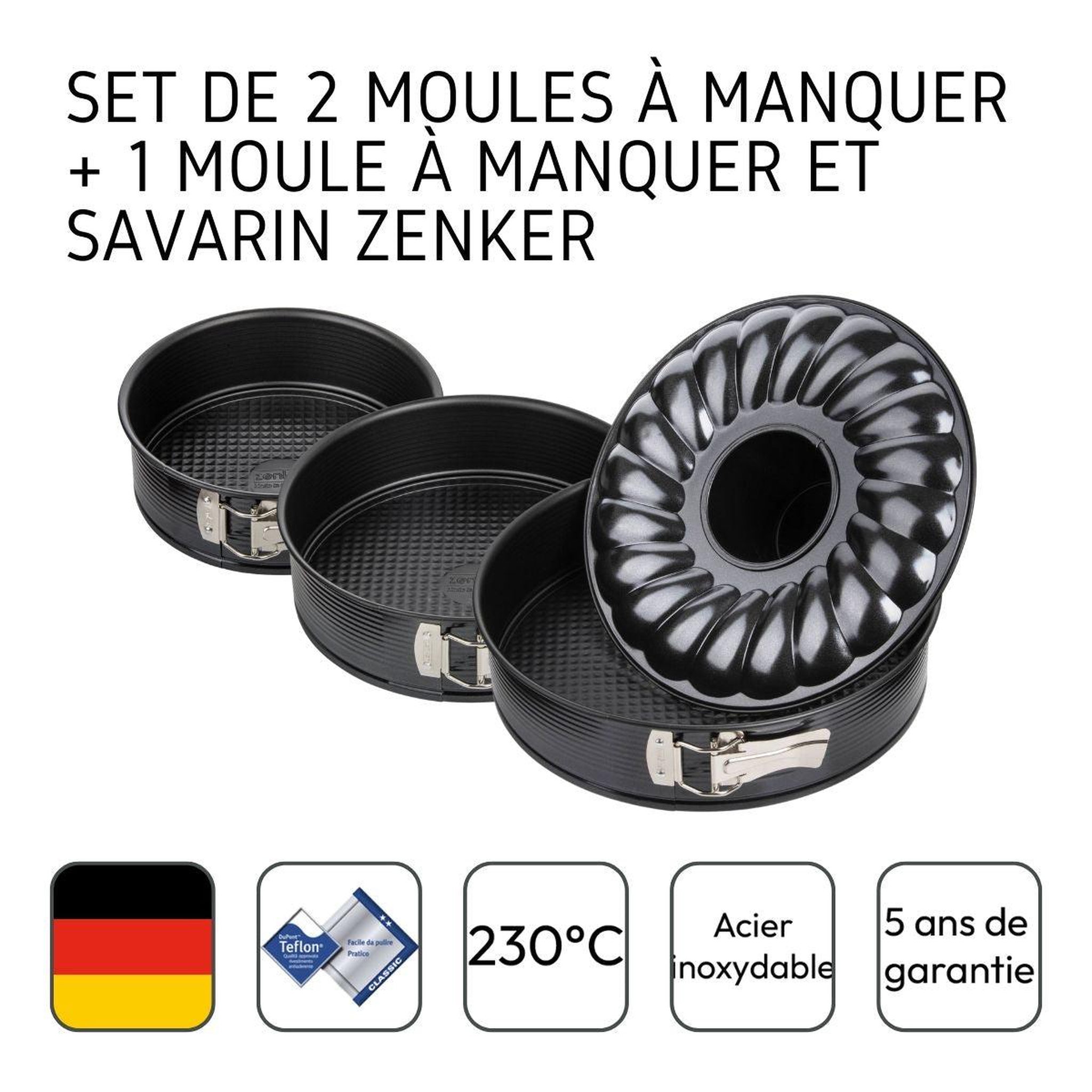 Voir la diapositive 4 : ZENKER Set de 2 moules à manqué et 1 moule à manqué et savarin diamètres 20, 24 , 28 cm zenker black metallic