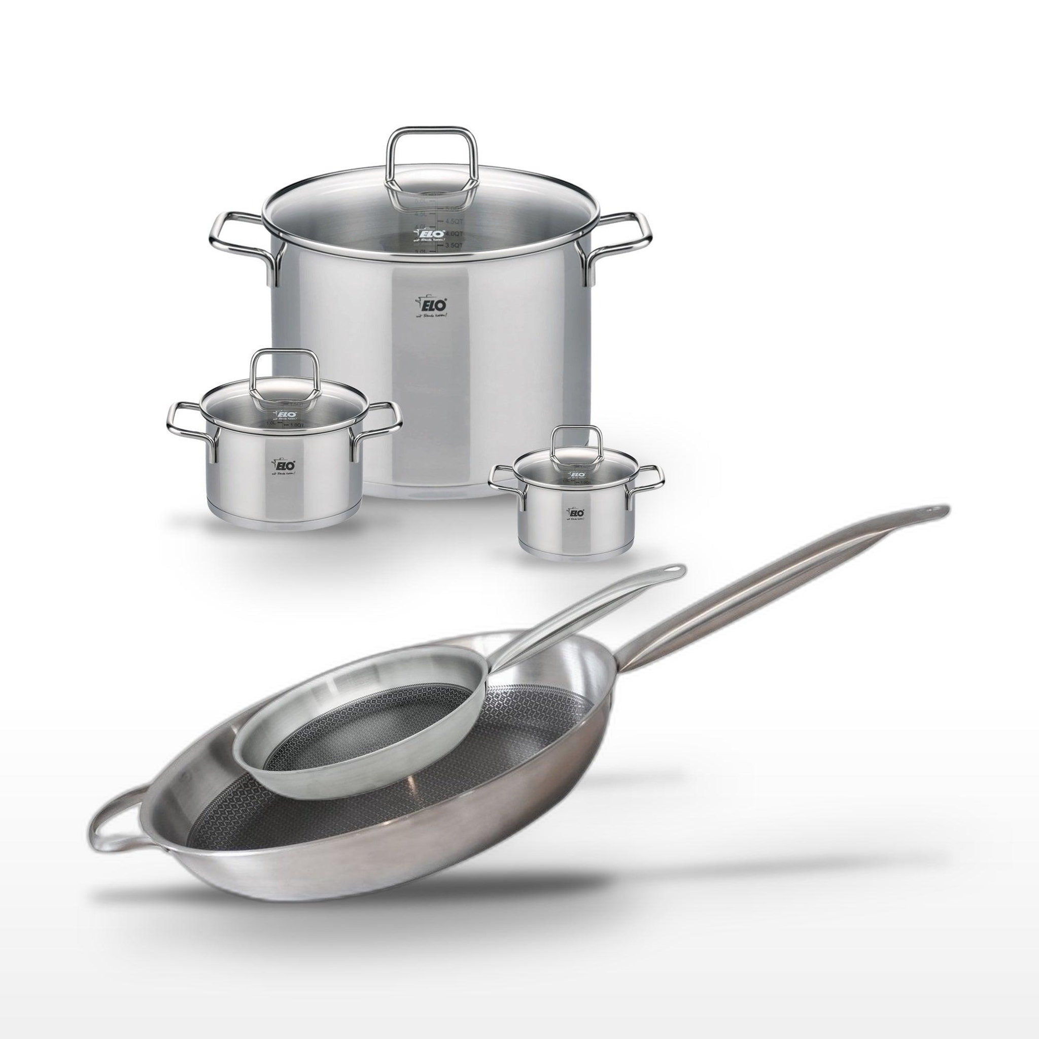 ELO Batterie de cuisine avec 3 faitouts 12/16/26 cm et 2 poêles 24/32 cm en inox sans pfas elo collection relief solution citrin