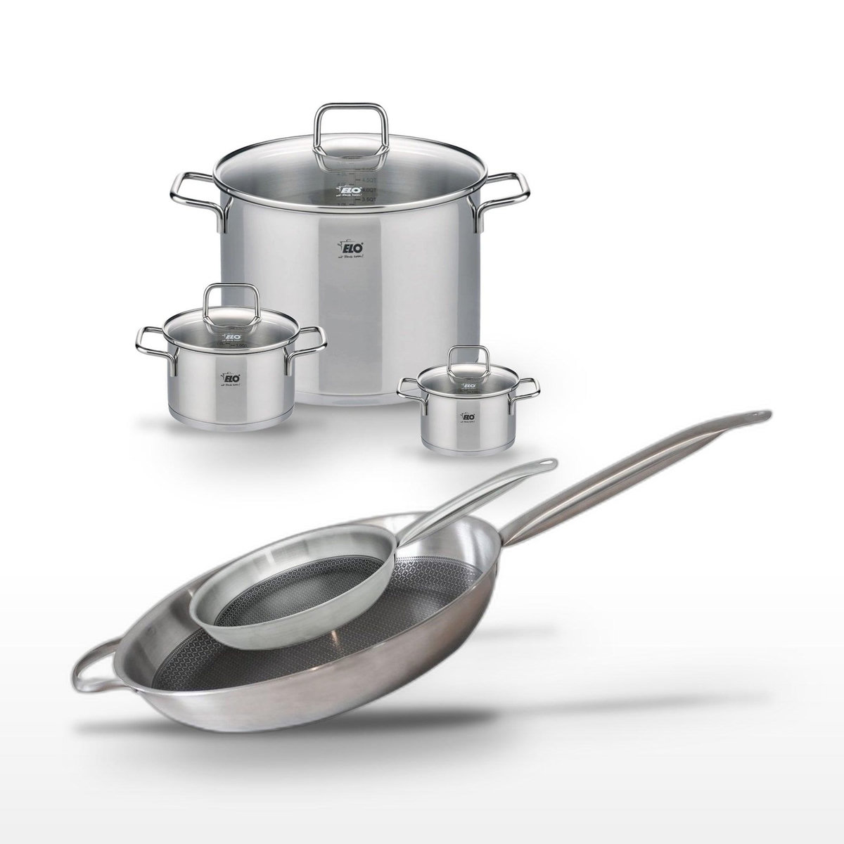 ELO Lot de 3 Faitouts 12/16/26 cm et 2 Poêles 24/32 cm Elo Relief Solution