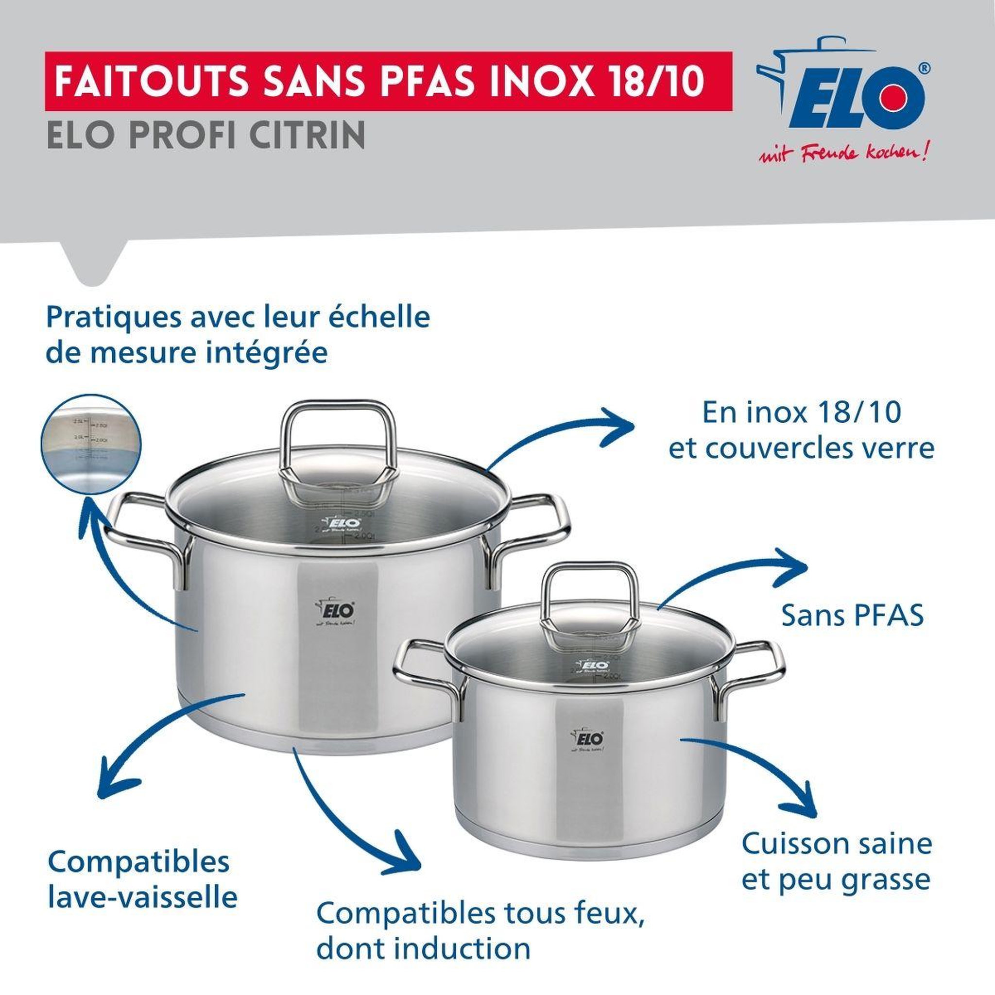 Voir la diapositive 3 : ELO Ensemble de 1 poêle de cuisson 28 cm et 2 faitouts 12 et 14 cm elo profi citrin