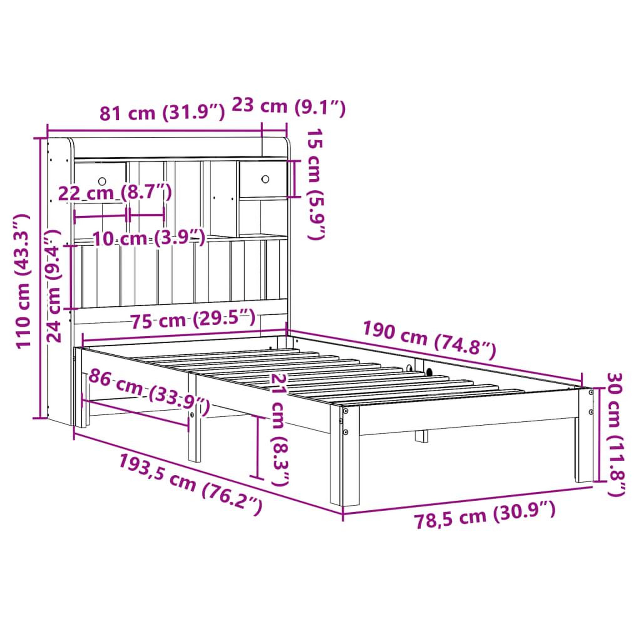 Voir la diapositive 6 : VIDAXL Lit bibliotheque sans matelas blanc 75x190cm bois de pin massif