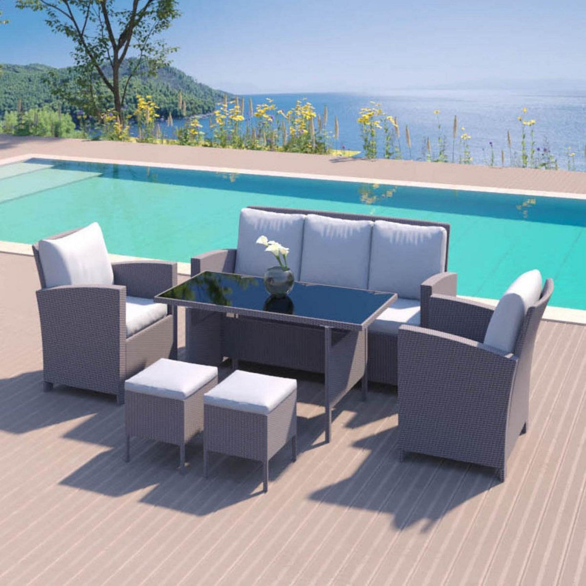 CONCEPT USINE Salon de jardin 7 places en résine tressée gris MODENA