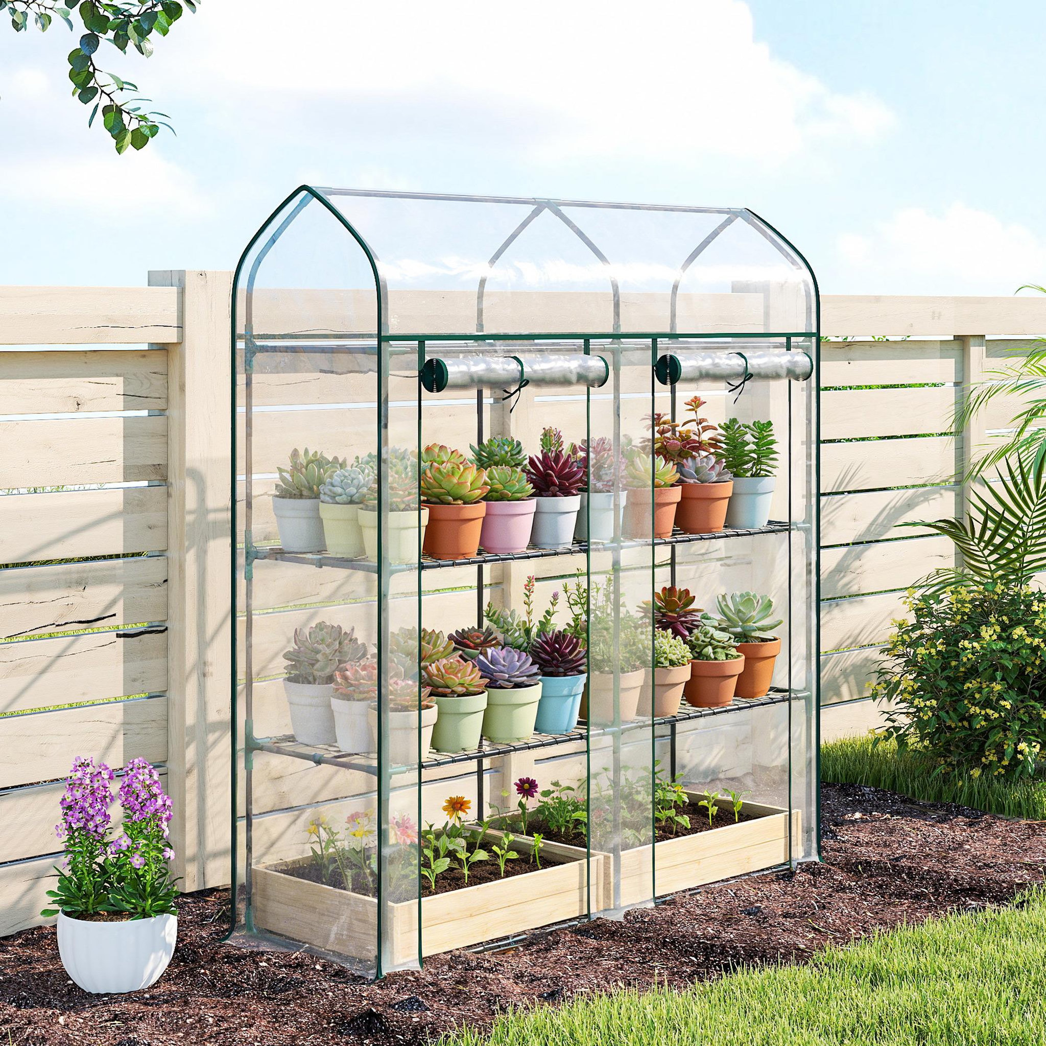 Voir la diapositive 4 : OUTSUNNY Serre de jardin étagères 3 niveaux châssis acier bâche pvc transparent
