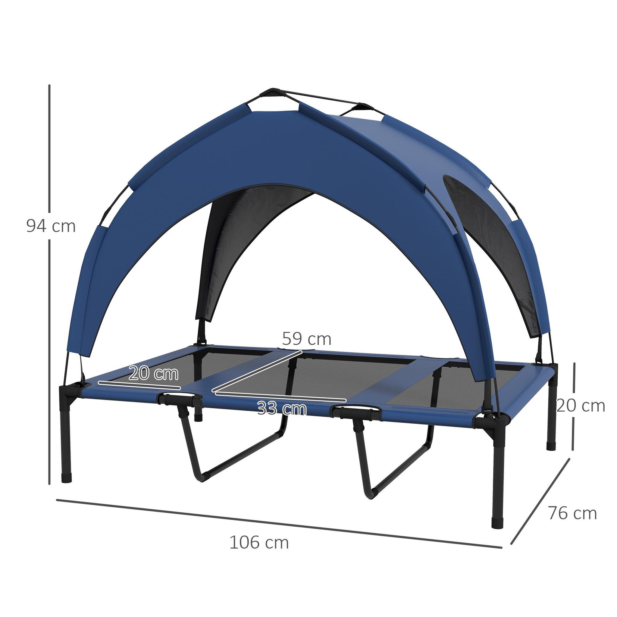 Voir la diapositive 3 : PAWHUT Lit chien sur pied avec voile ombrage - 106 x 76 x 94 cm - sac de transport - bleu