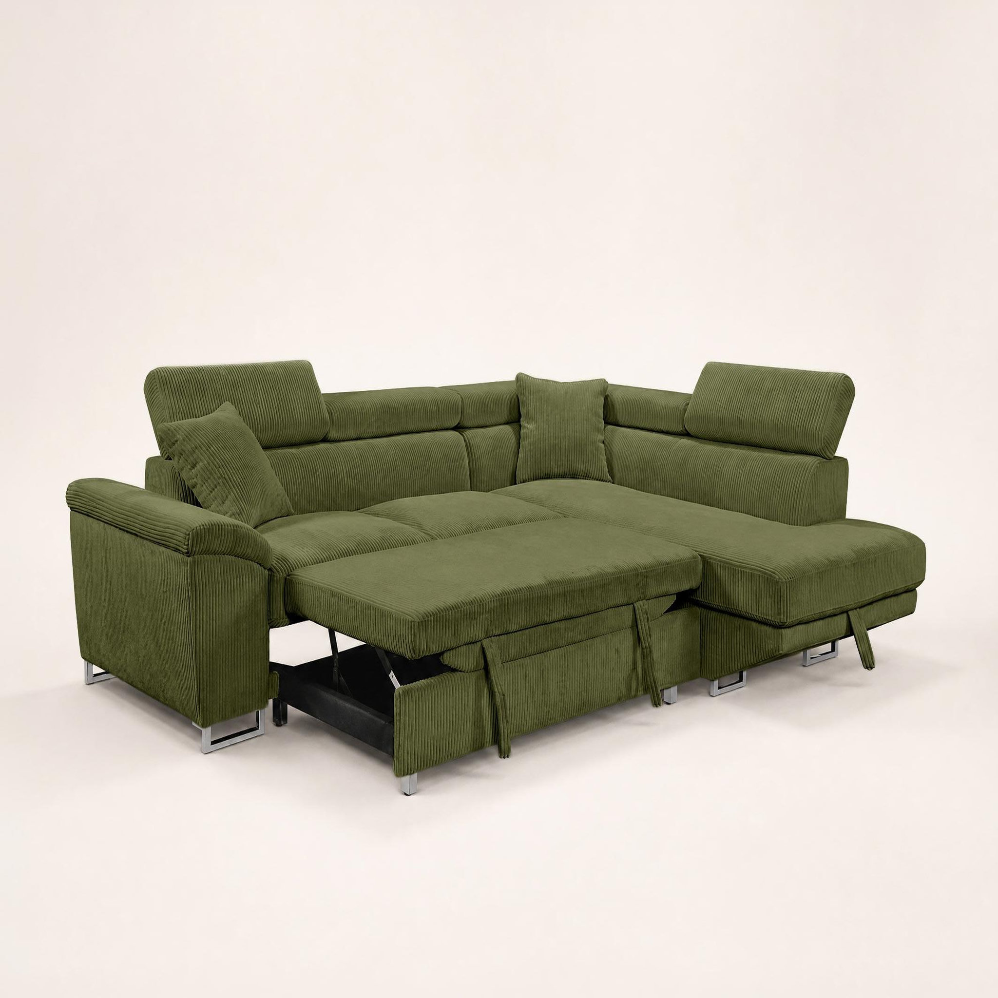 Voir la diapositive 6 : BEST MOBILIER Baoji - canapé d'angle droit 5 places convertible avec têtières et coffre en velours côtelé