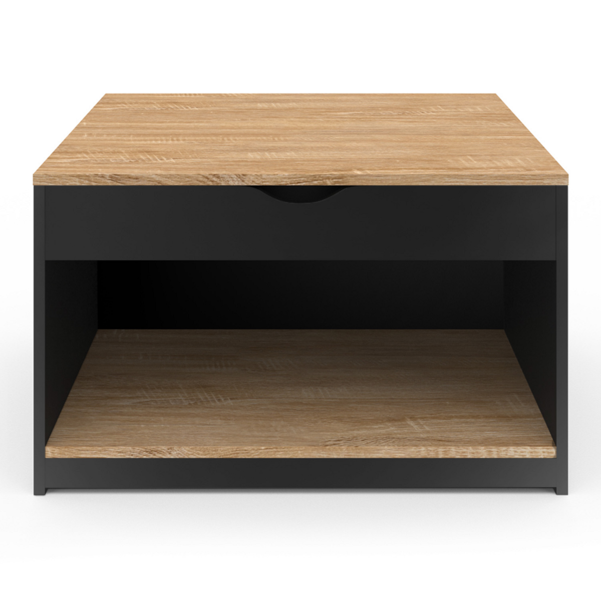 ID MARKET Table basse plateau relevable carrée ELEA avec coffre bois noir et façon hêtre