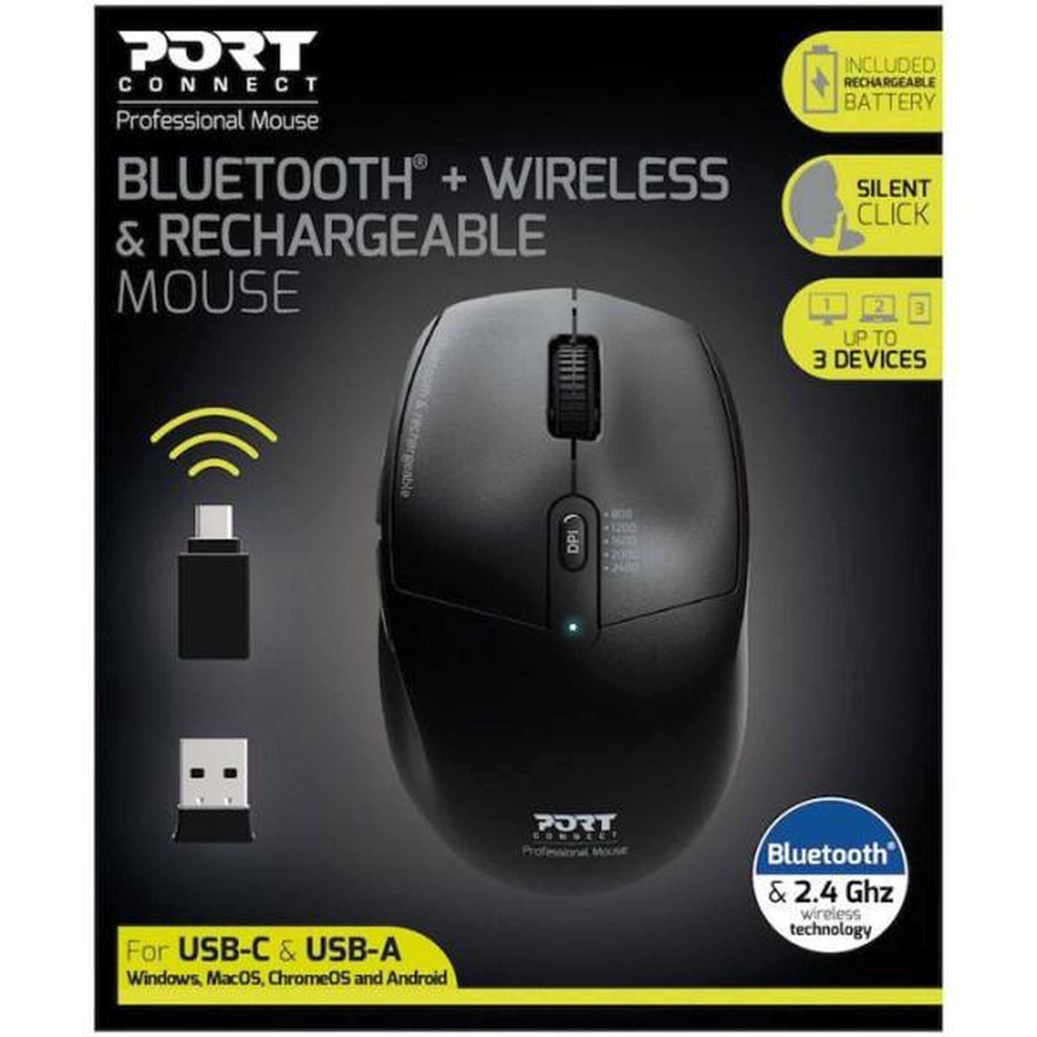 Voir la diapositive 2 : PORT DESIGNS Souris sans fil - PORT Designs - 900715 PRO - Bluetooth & 2.4 GHz - Rechargeable - Noir
