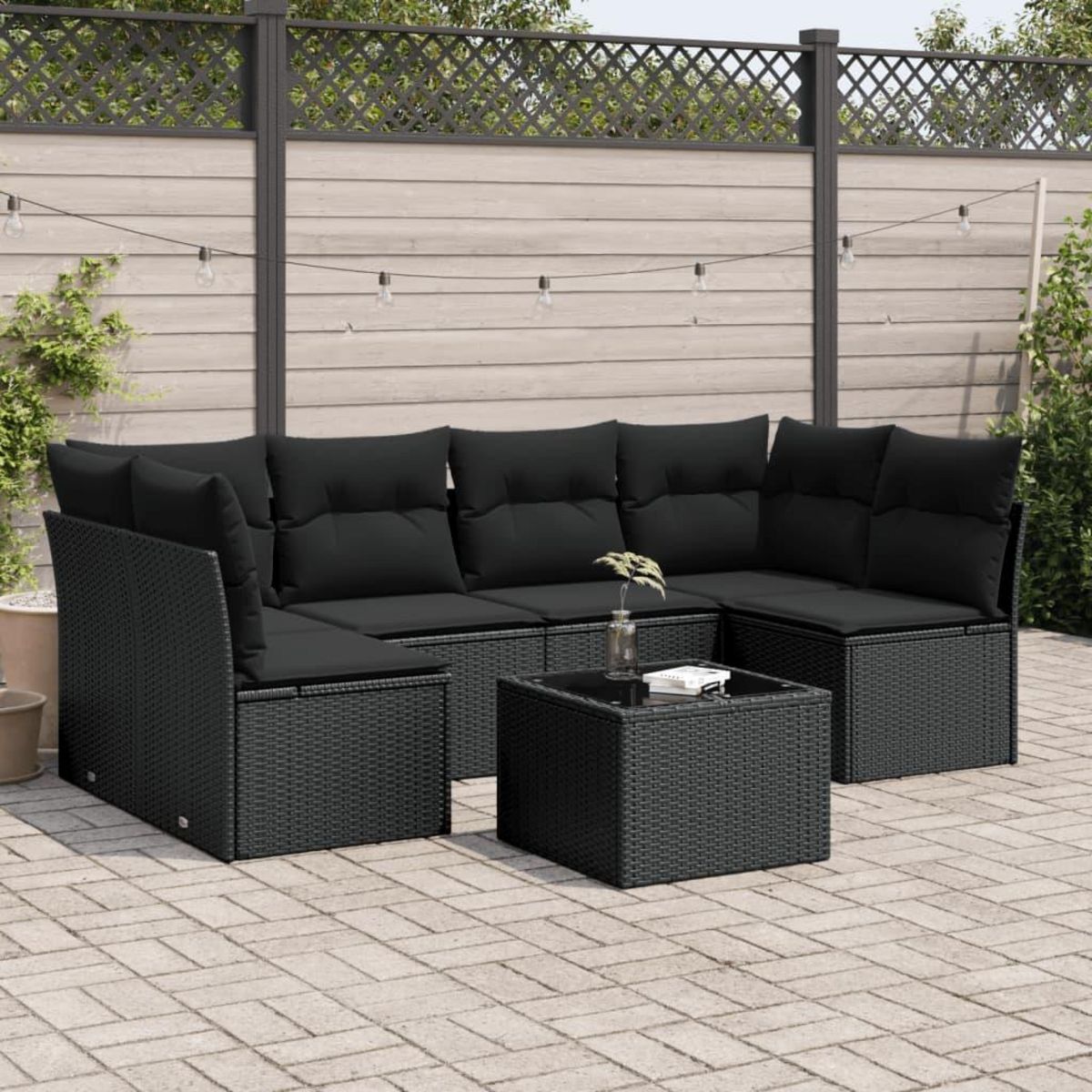 VIDAXL Salon de jardin 7 pcs avec coussins noir resine tressee