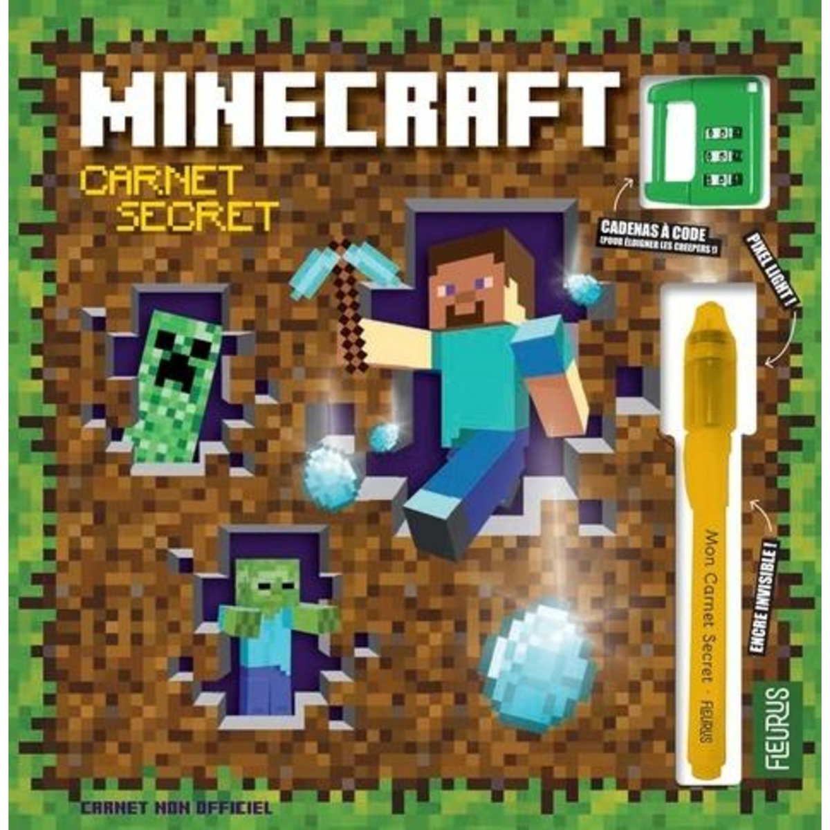 CARNET SECRET MINECRAFT. AVEC 1 CADENAS A CODE ET 1 STYLO A ENCRE INVISIBLE ET LUMIERE MAGIQUE, Fleurus