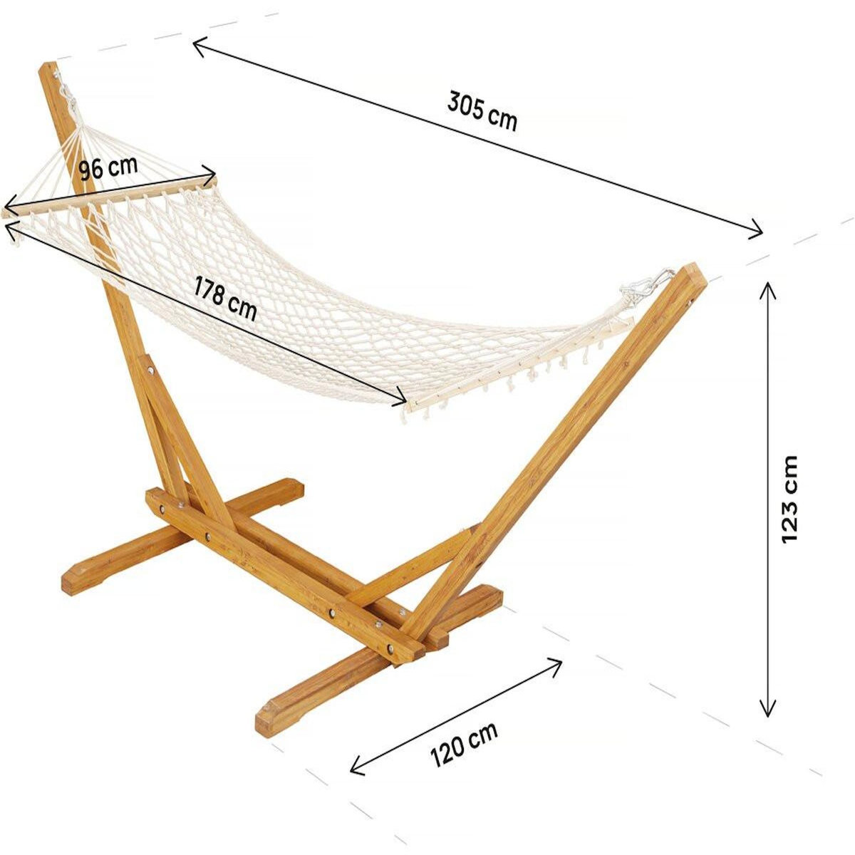 Habitat et Jardin Hamac bois avec toile en macramé  Dallas  - 305 x 120 x 123 cm - Blanc