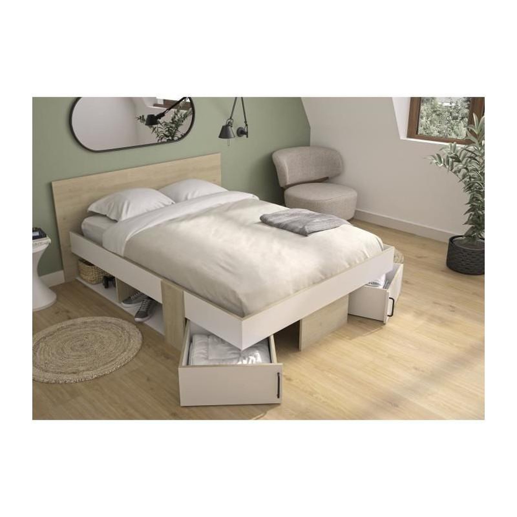 Voir la diapositive 2 : DIAGONE DIAGONE Lit adulte avec tiroirs de rangement - Chene et blanc - 140 x 190 - SWIVEL