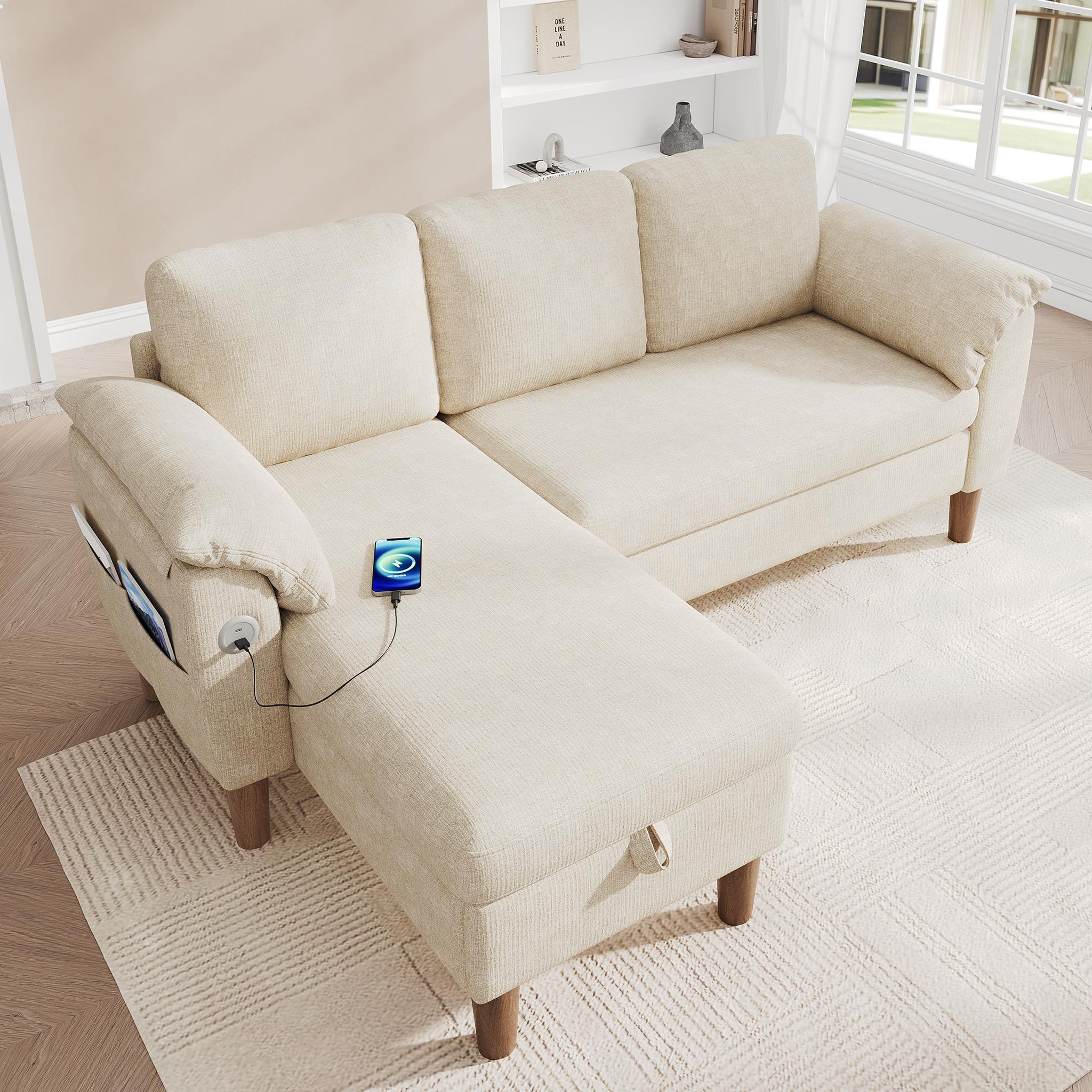 Voir la diapositive 4 : MERAX Canapé d'angle 3 places avec méridienne coffre tissu chenille usb type-c