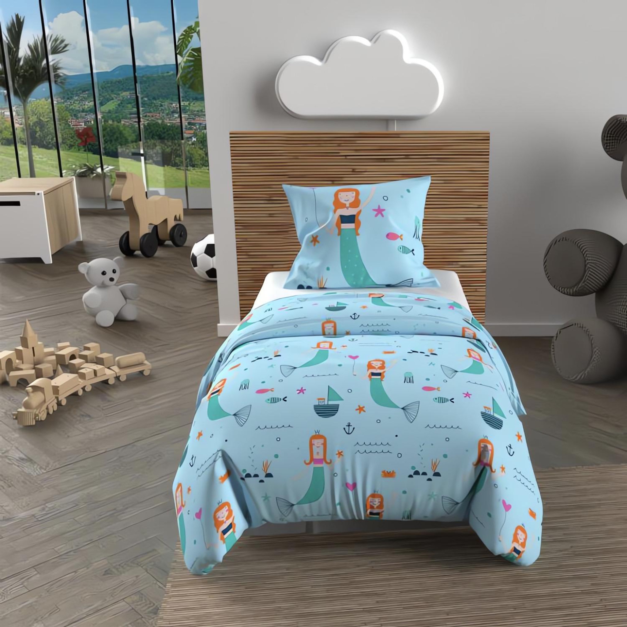 Voir la diapositive 1 : SOLEIL D'OCRE Parure housse de couette SIRENES, 100% coton 57 fils/cm2, par Soleil d'Ocre