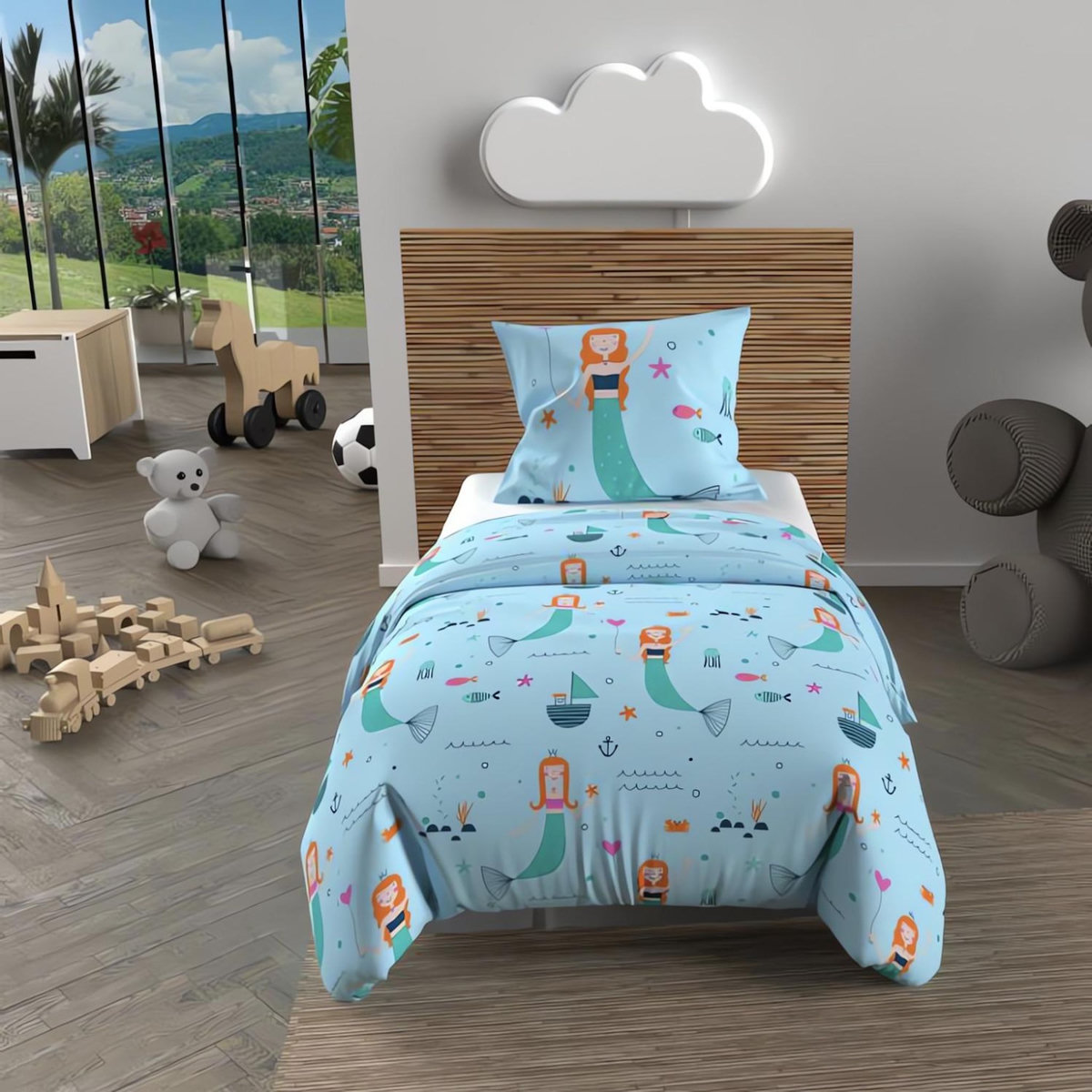 SOLEIL D'OCRE Parure housse de couette SIRENES, 100% coton 57 fils/cm2, par Soleil d'Ocre