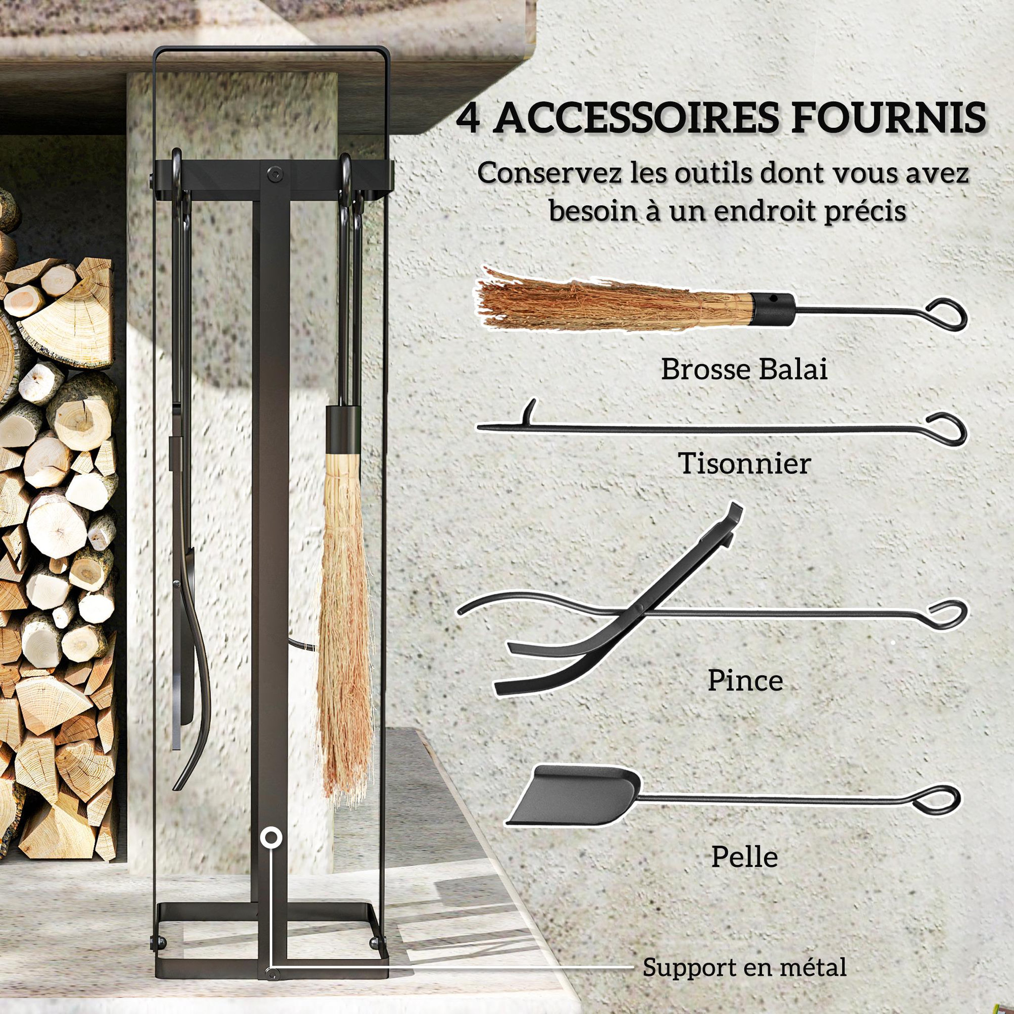 Voir la diapositive 5 : OUTSUNNY Serviteur de cheminée design 4 pièces brosse pelle pince tisonnier métal époxy noir