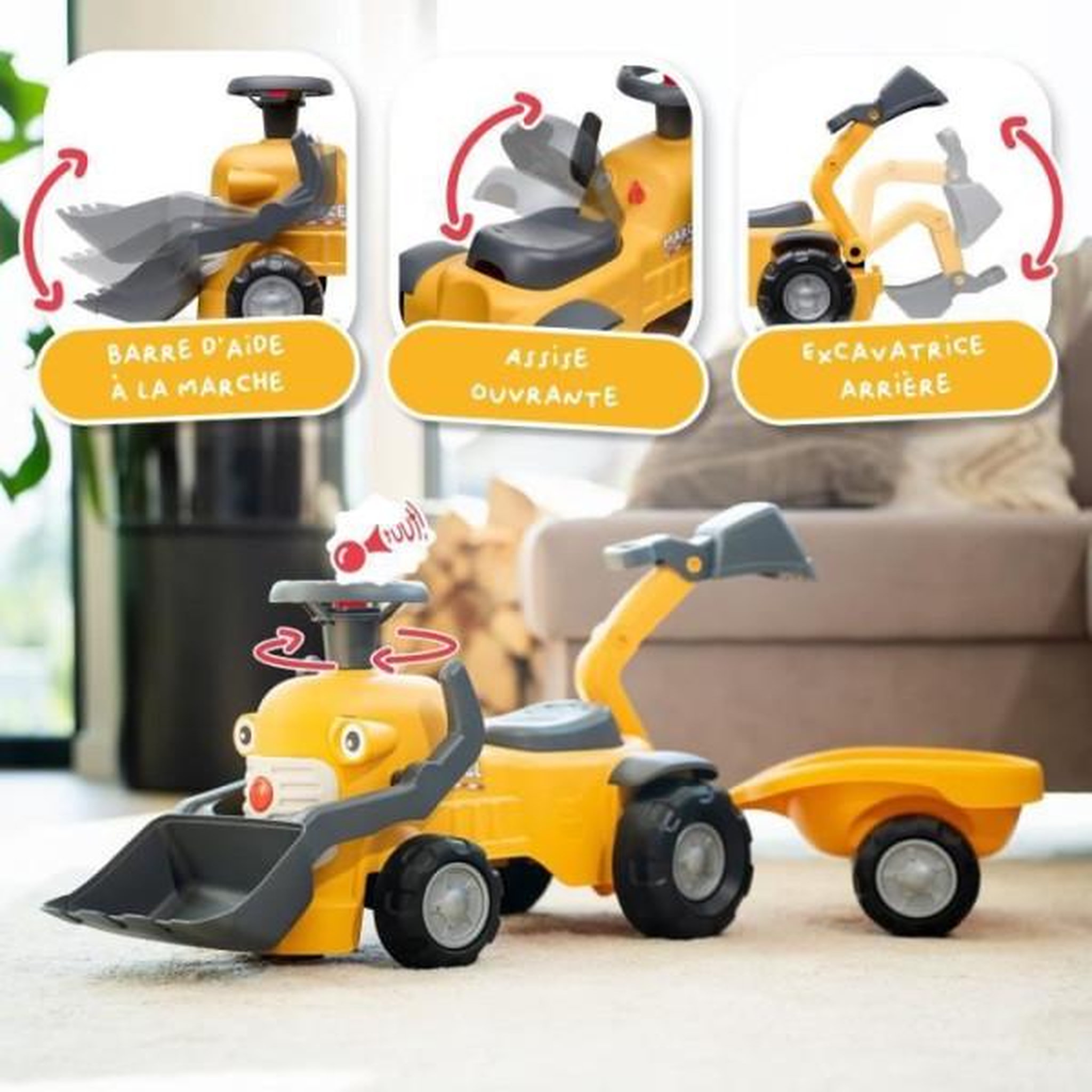 Voir la diapositive 3 : FALK Porteur Trotteur  Chantier Marcel - FALK - Pelle frontale, excavatrice - Jaune - Fabriqué en France - 90% de plastique recyclé - Des 12