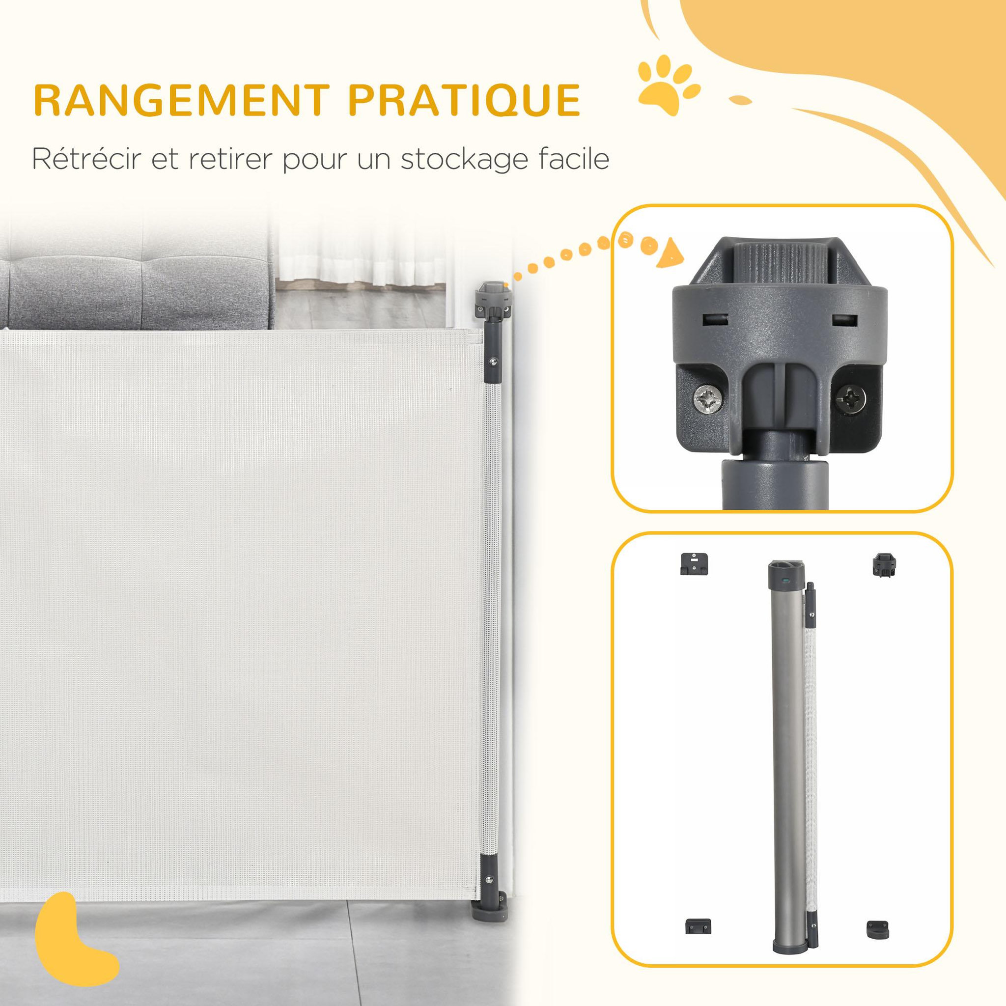 Voir la diapositive 5 : PAWHUT Barrière de sécurité barrière animaux rétractable automatique dim. 1,4L x 0,88H m aluminium maille PVC blanc