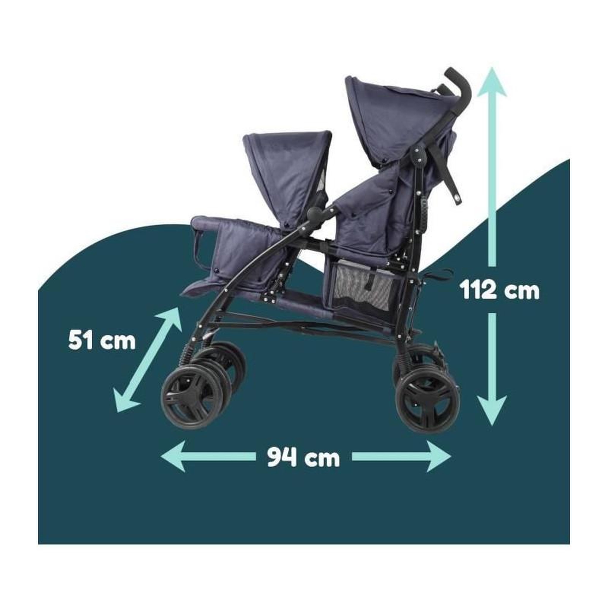 Voir la diapositive 4 : BAMBISOL Poussette canne double BAMBISOL - 6-36 mois pour le siege avant (max 15 kg) et de 0-36 mois (max 15 kg) pour le siege arriere