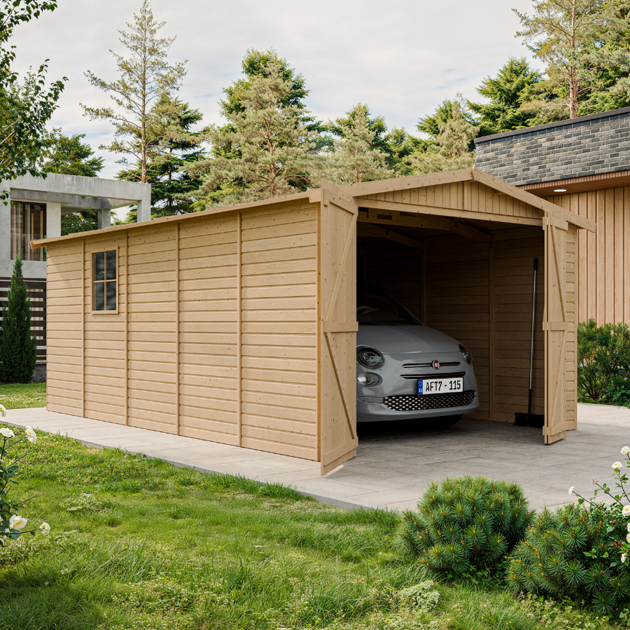 Voir la diapositive 5 : TIMBELA Garage en Bois Naturel - H222x516x324 cm/15 m² M101