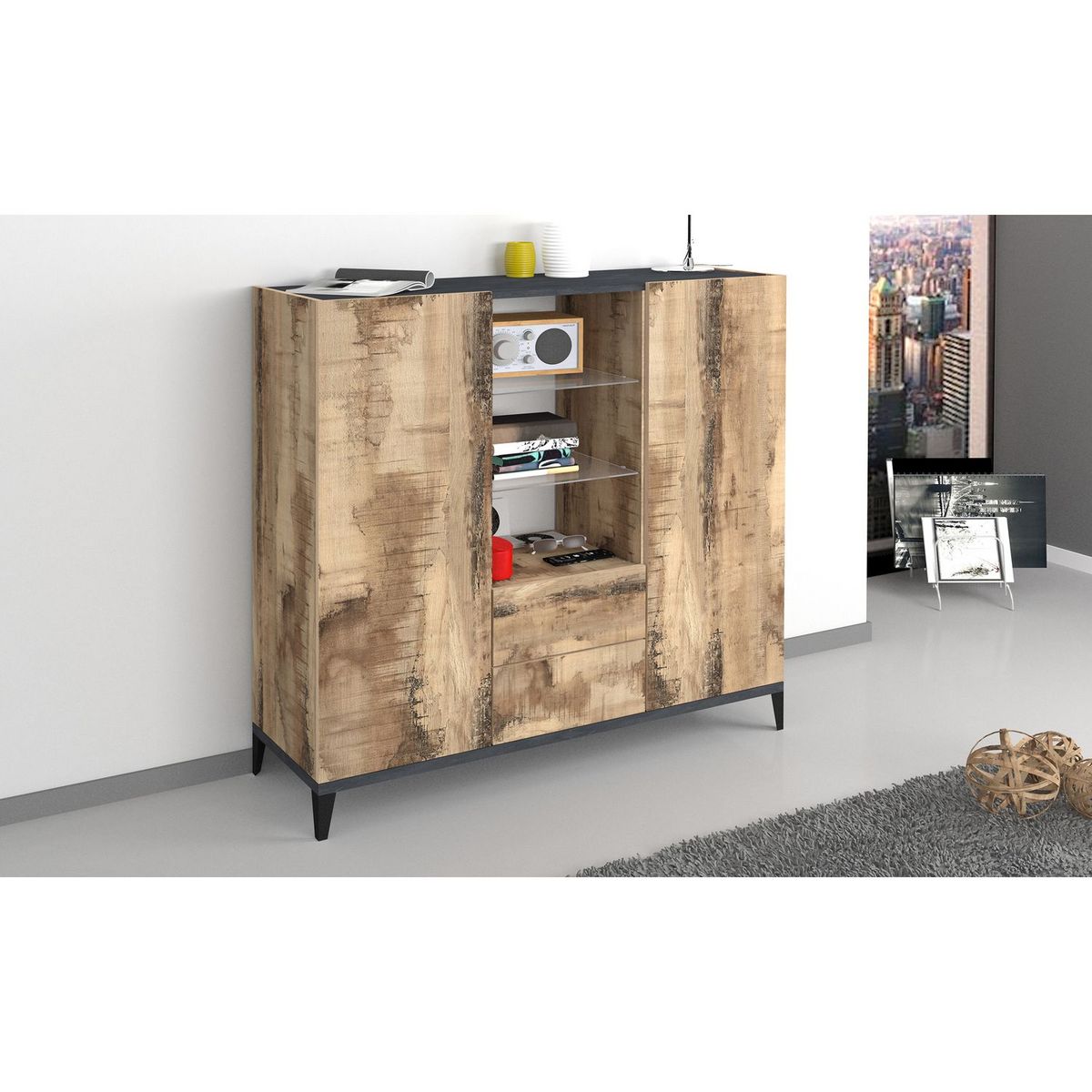 Buffet haut moderne 2 portes 2 tiroirs L120cm BARI