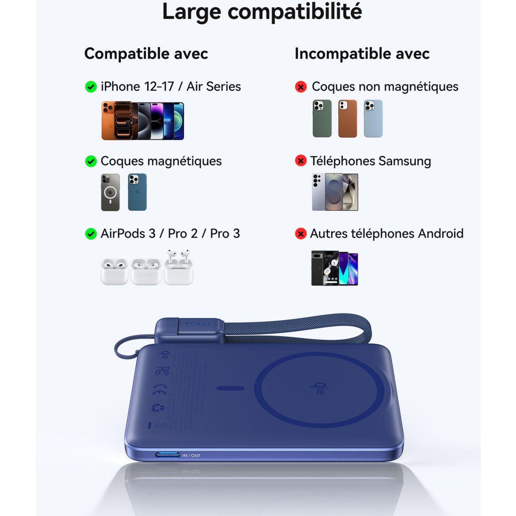 Voir la diapositive 5 : INIU Batterie externe 5000 mah magnet qi2 magpro slim bleu
