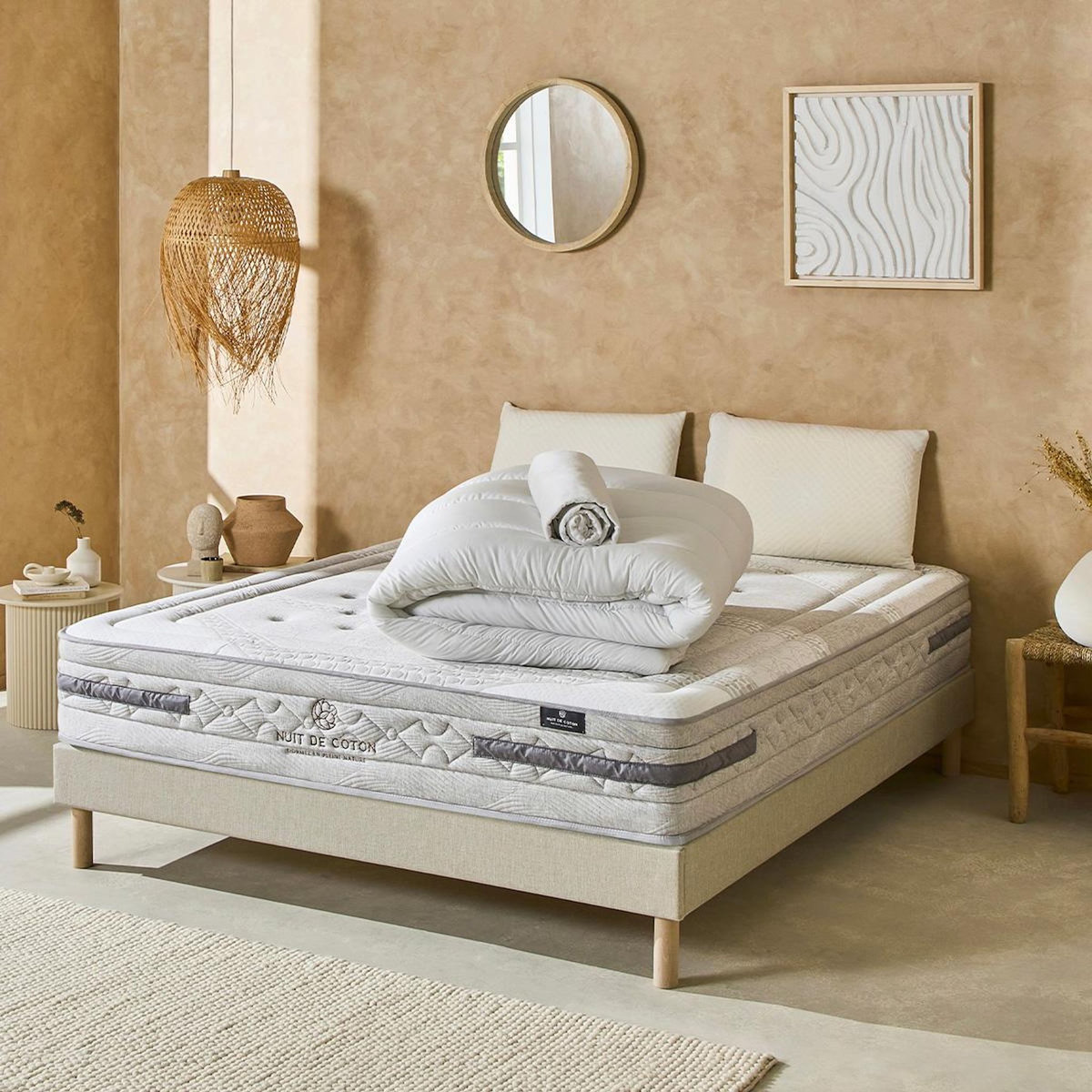 NUIT DE COTON NUIT DE COTON | Pack Prêt à dormir SERENADE | Matelas Ressorts ensachés + Sommier + Accessoires