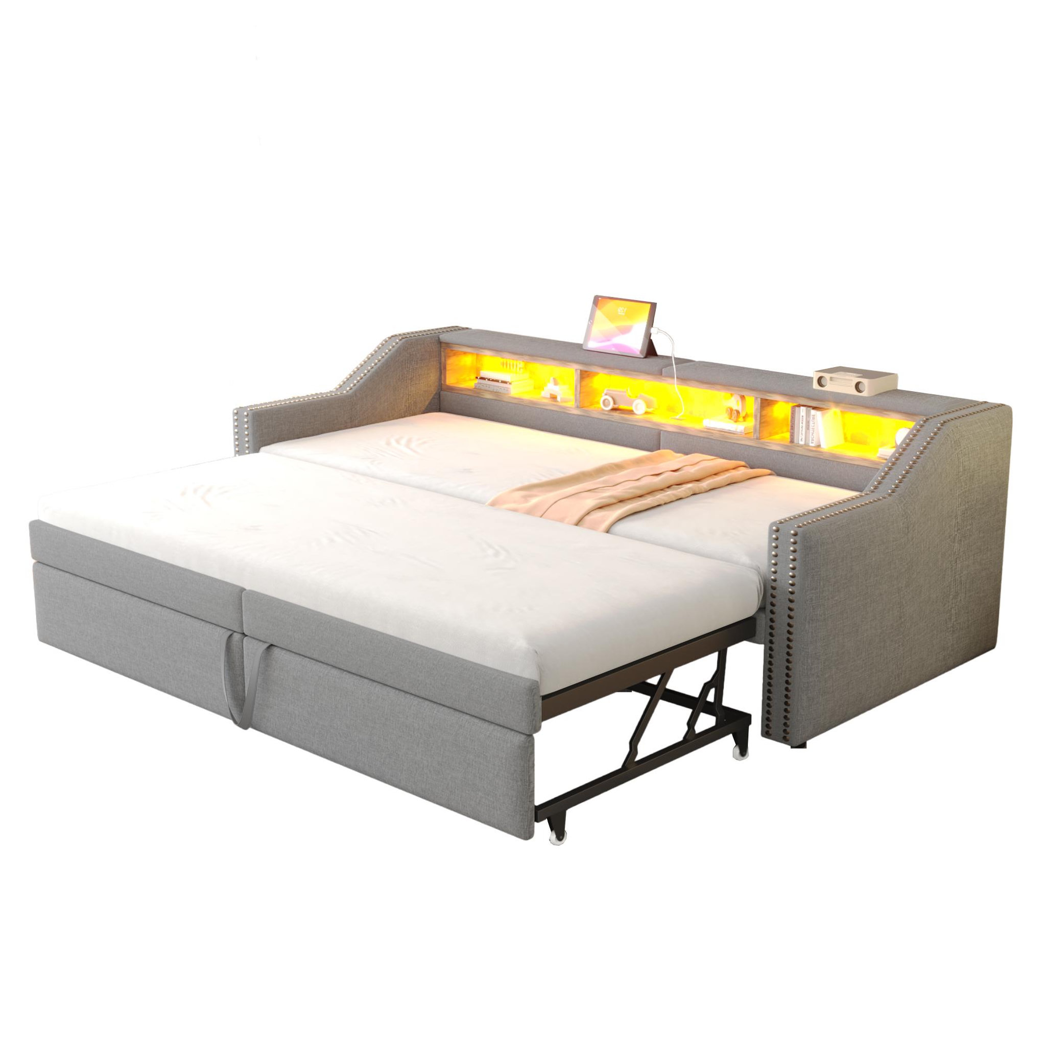 Voir la diapositive 1 : MERAX Lit banquette gigogne rembourré 90x200cm