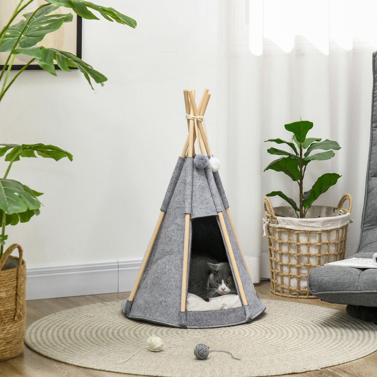 PAWHUT Tente tipi pour animaux - teepee chien chat - coussin épais grand confort inclus - structure bois de pin feutre polyester gris