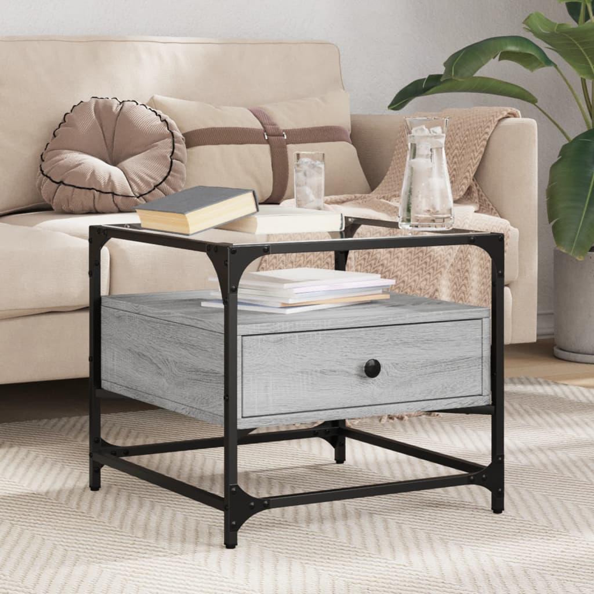 VIDAXL Table basse avec dessus en verre sonoma gris 50x50x45 acier