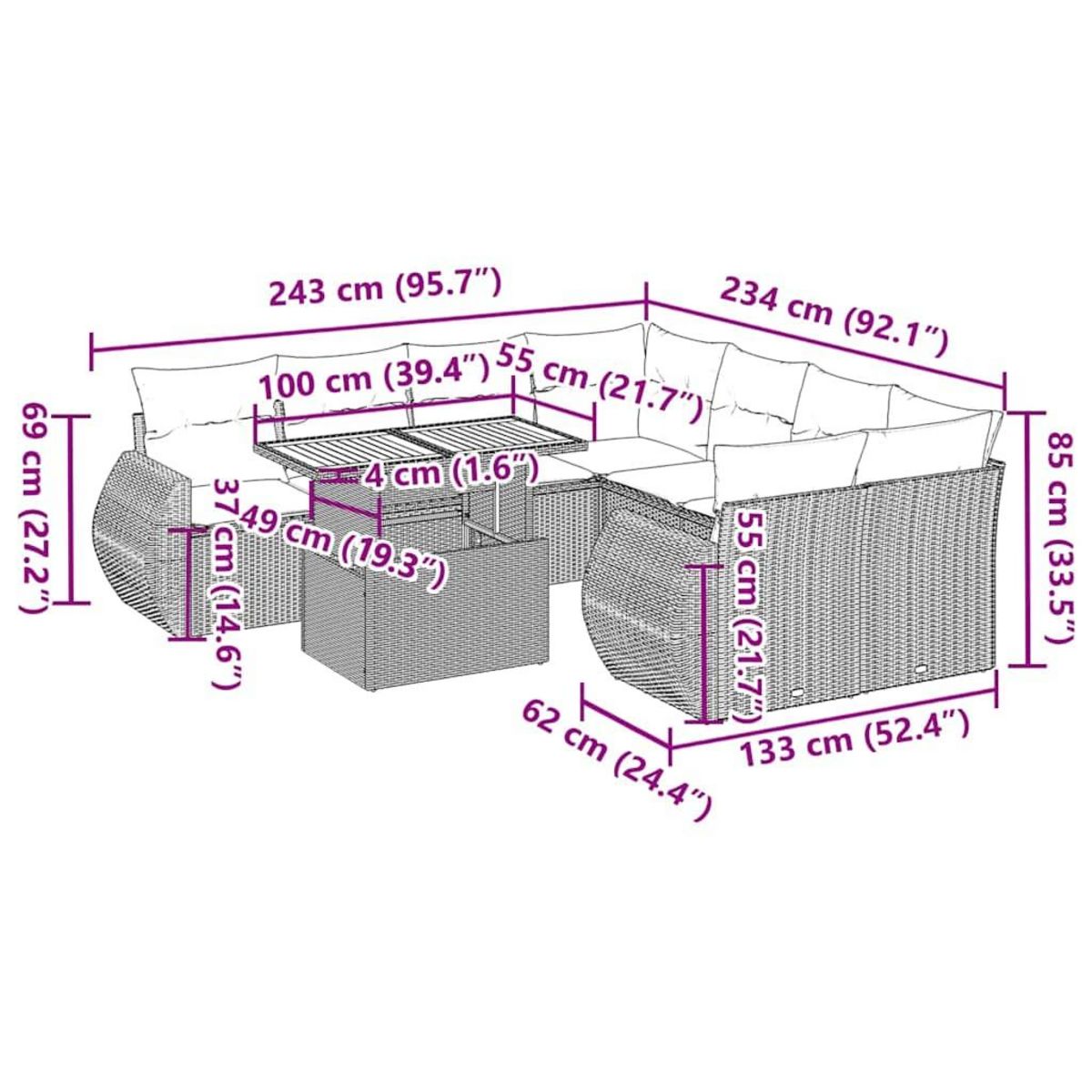 VIDAXL Salon de jardin avec coussins 9 pcs beige resine tressee