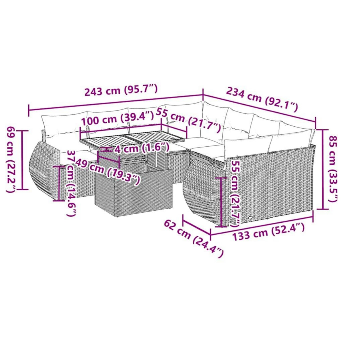 VIDAXL Salon de jardin avec coussins 9 pcs beige resine tressee