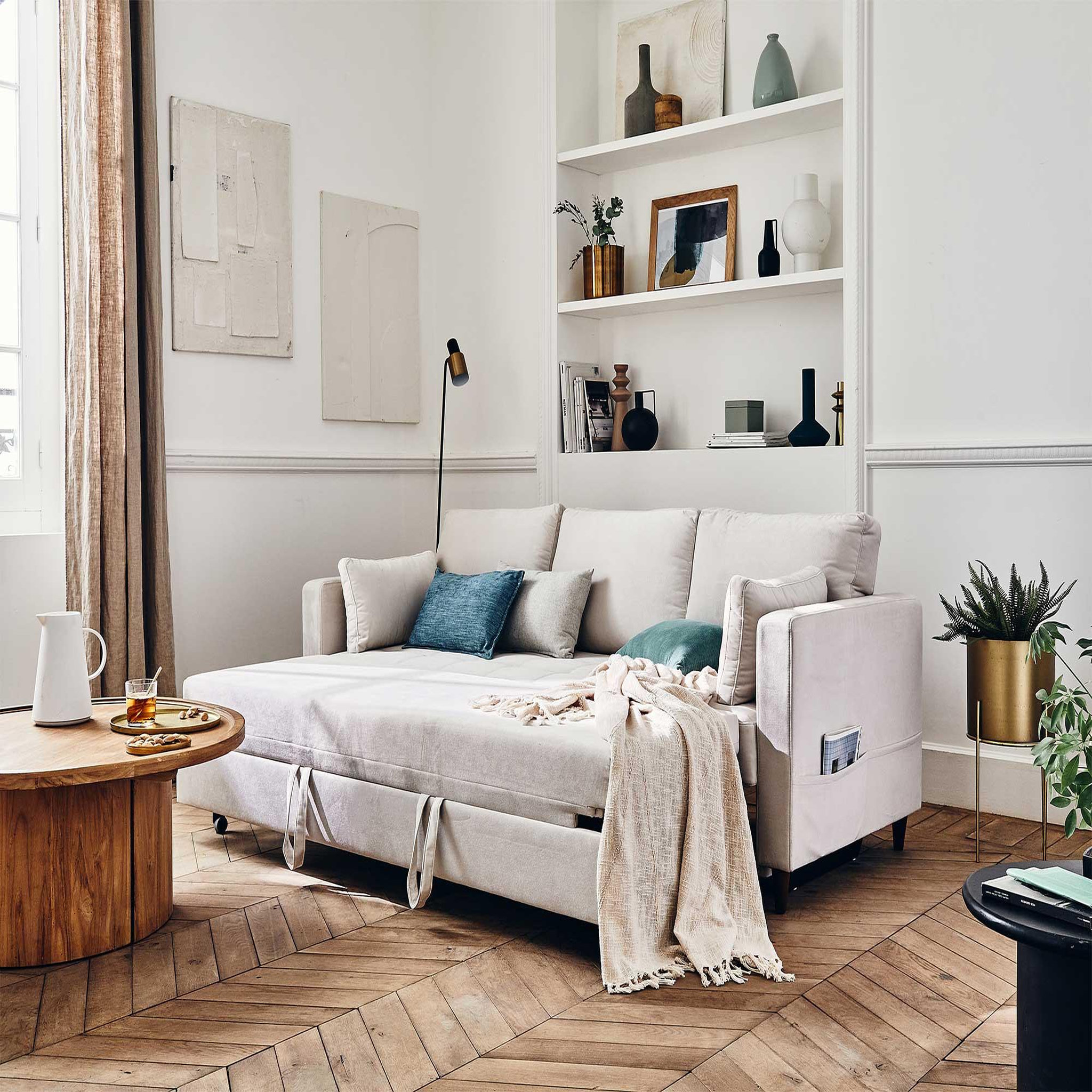 Voir la diapositive 2 : BEST MOBILIER Anna - canapé droit 3 places convertible avec poche en velours