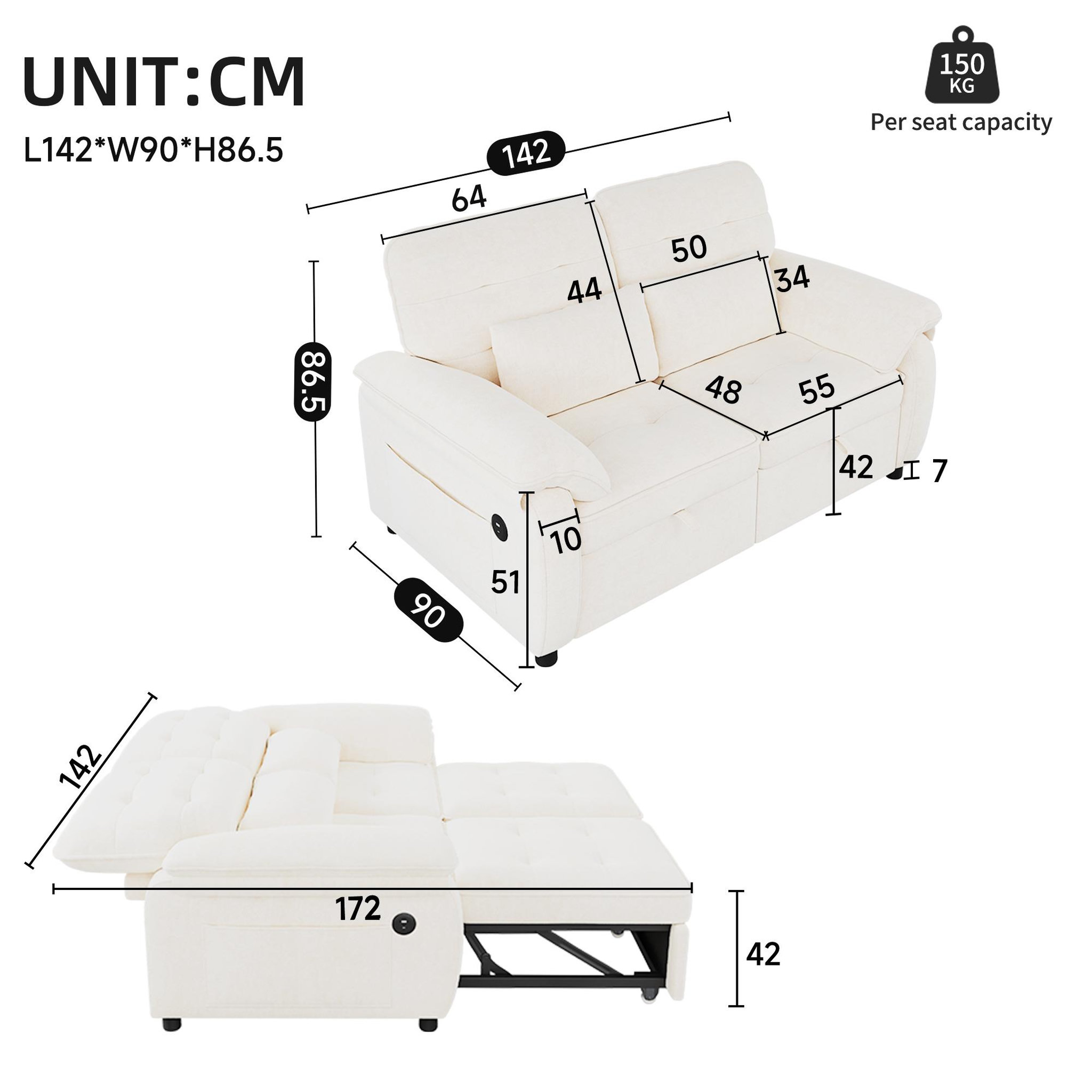 Voir la diapositive 3 : MERAX Canapé droit convertible 2 places tissu