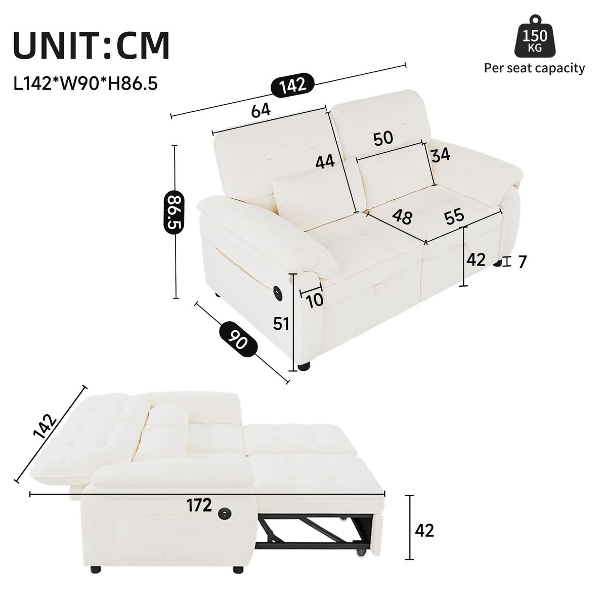 MERAX Canapé droit convertible 2 places tissu