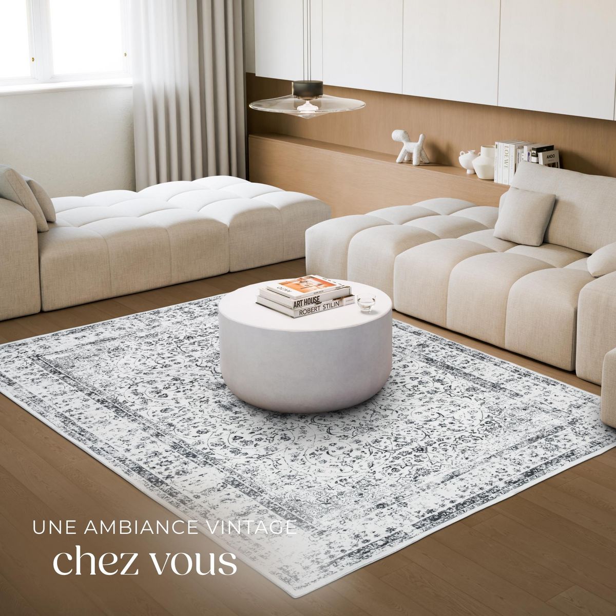 tectake Tapis design vintage à poils courts en laine synthétique et feutre gris 200 x 274 cm