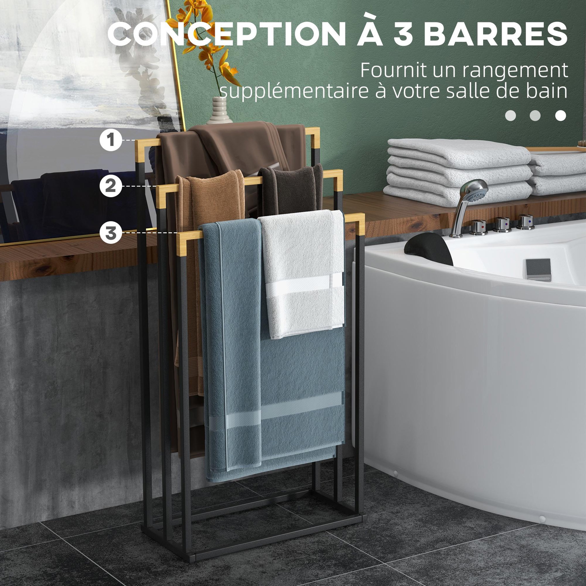 Voir la diapositive 4 : KLEANKIN Porte-serviette autoportant 3 barres - dim. 45l x 22l x 86h cm - bois bambou acier noir