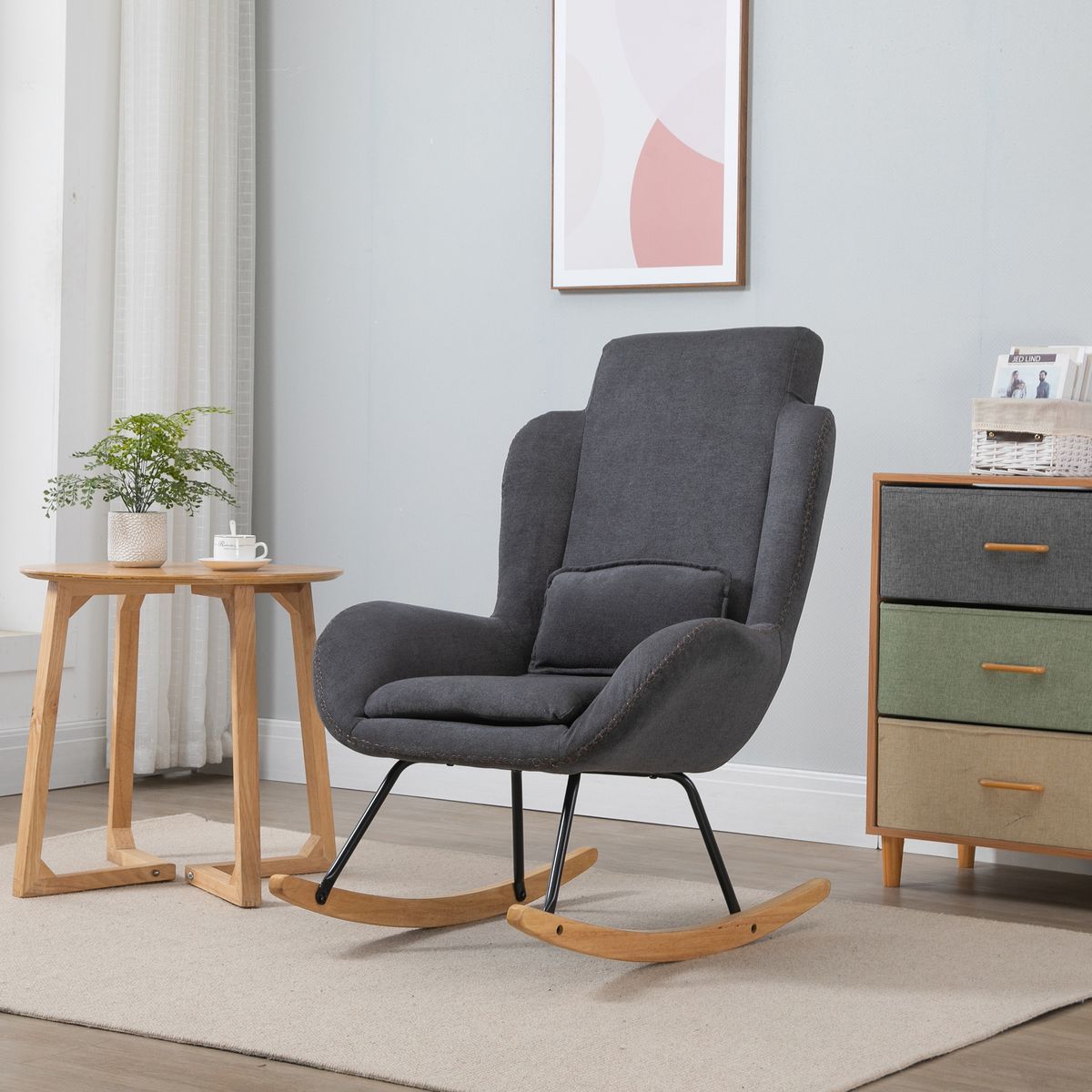 HOMCOM Fauteuil à bascule oreilles rocking chair grand confort accoudoirs assise dossier garnissage mousse haute densité lin gris
