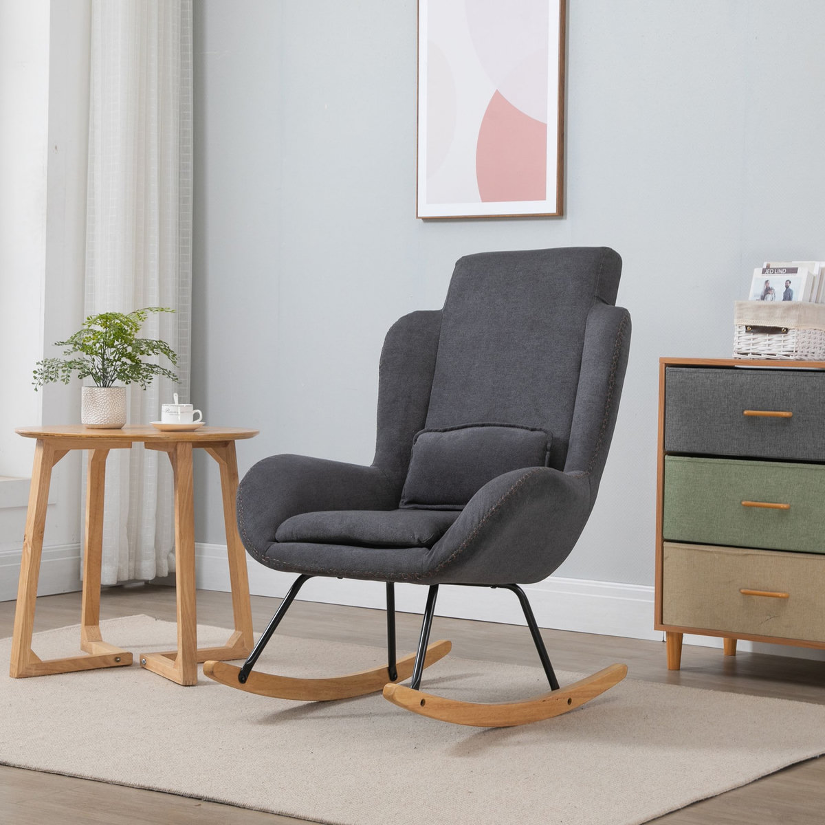 HOMCOM Fauteuil à bascule oreilles rocking chair grand confort accoudoirs assise dossier garnissage mousse haute densité lin gris