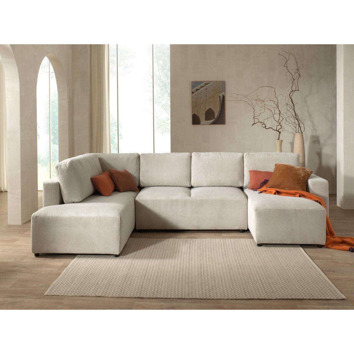 LISA DESIGN Livy - canapé panoramique convertible - avec coffre - en velours côtelé - 7 places - gauche