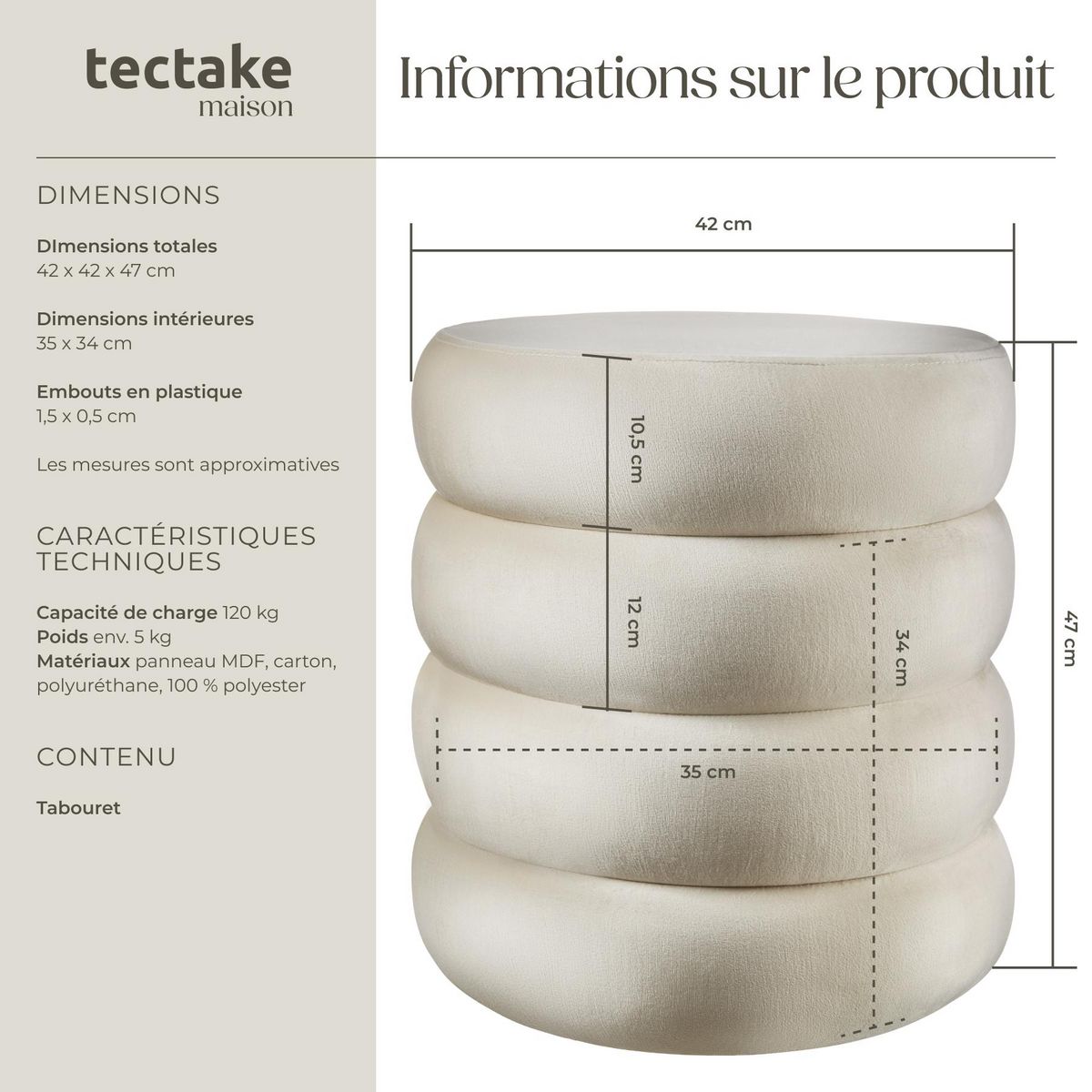 tectake Tabouret avec espace de rangement rond Aspect velours crème/ blanc