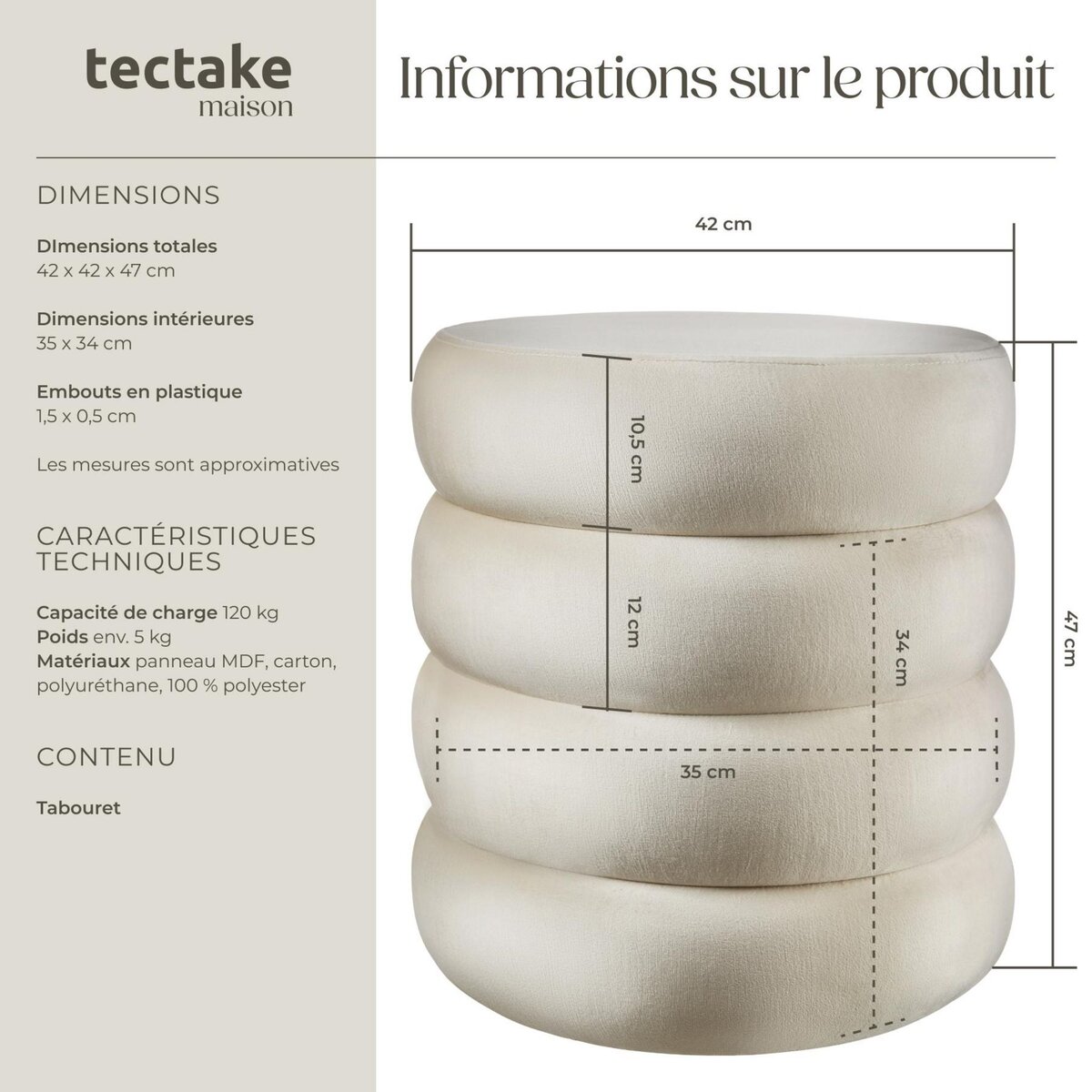 tectake Tabouret avec espace de rangement rond Aspect velours crème/ blanc