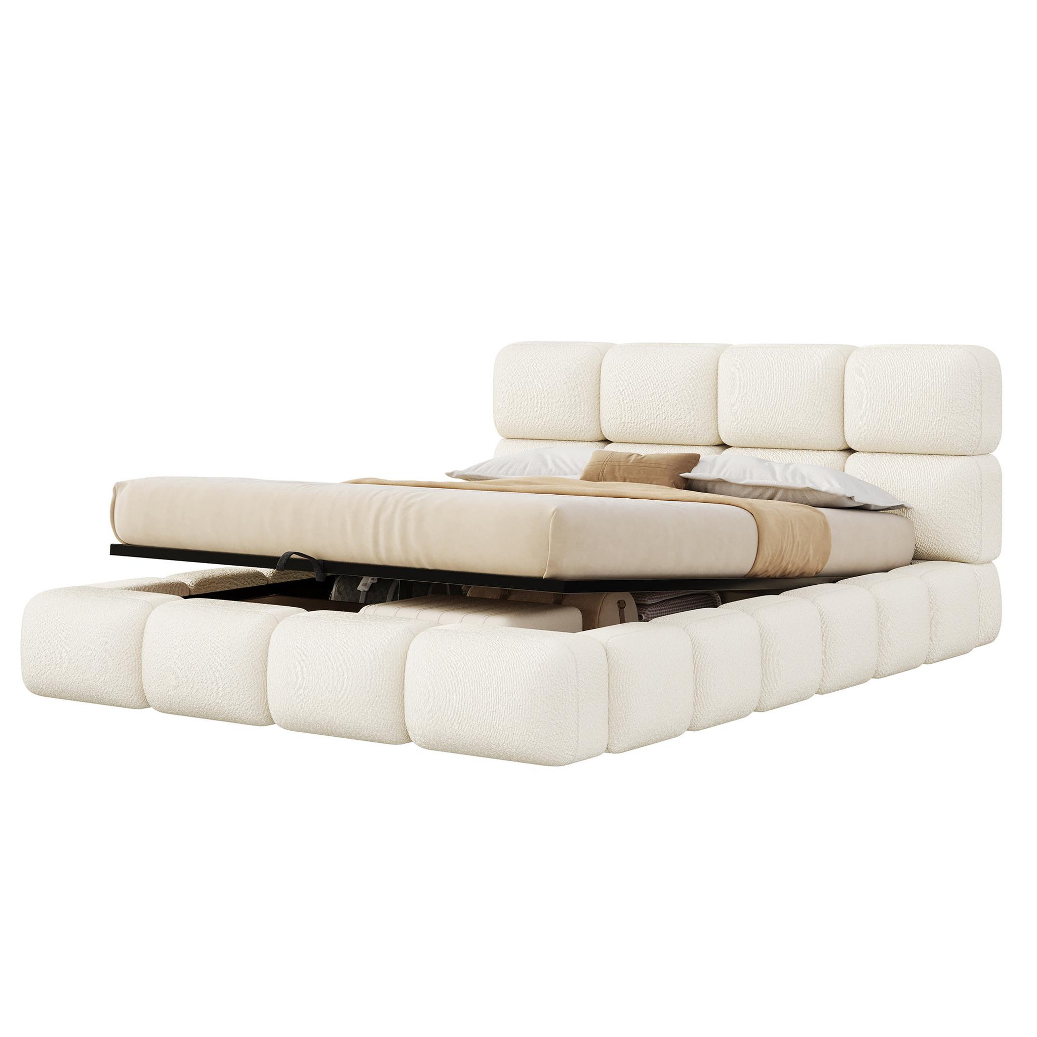 MERAX Lit coffre 160x200 cm double avec sommier tête de lit capitonnée bouclé blanc