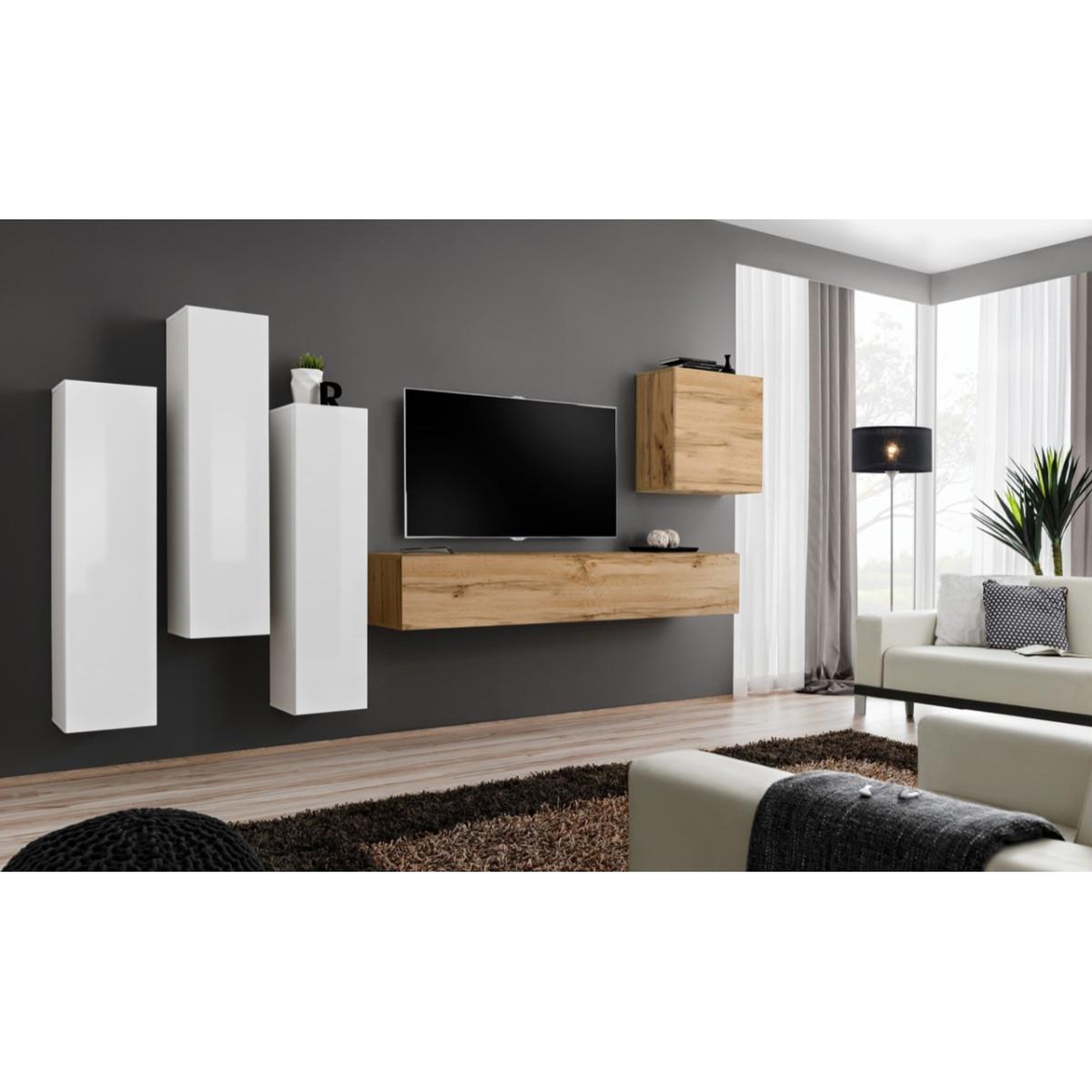 Voir la diapositive 2 : Paris Prix Meuble tv mural design  switch iii  330cm blanc & naturel