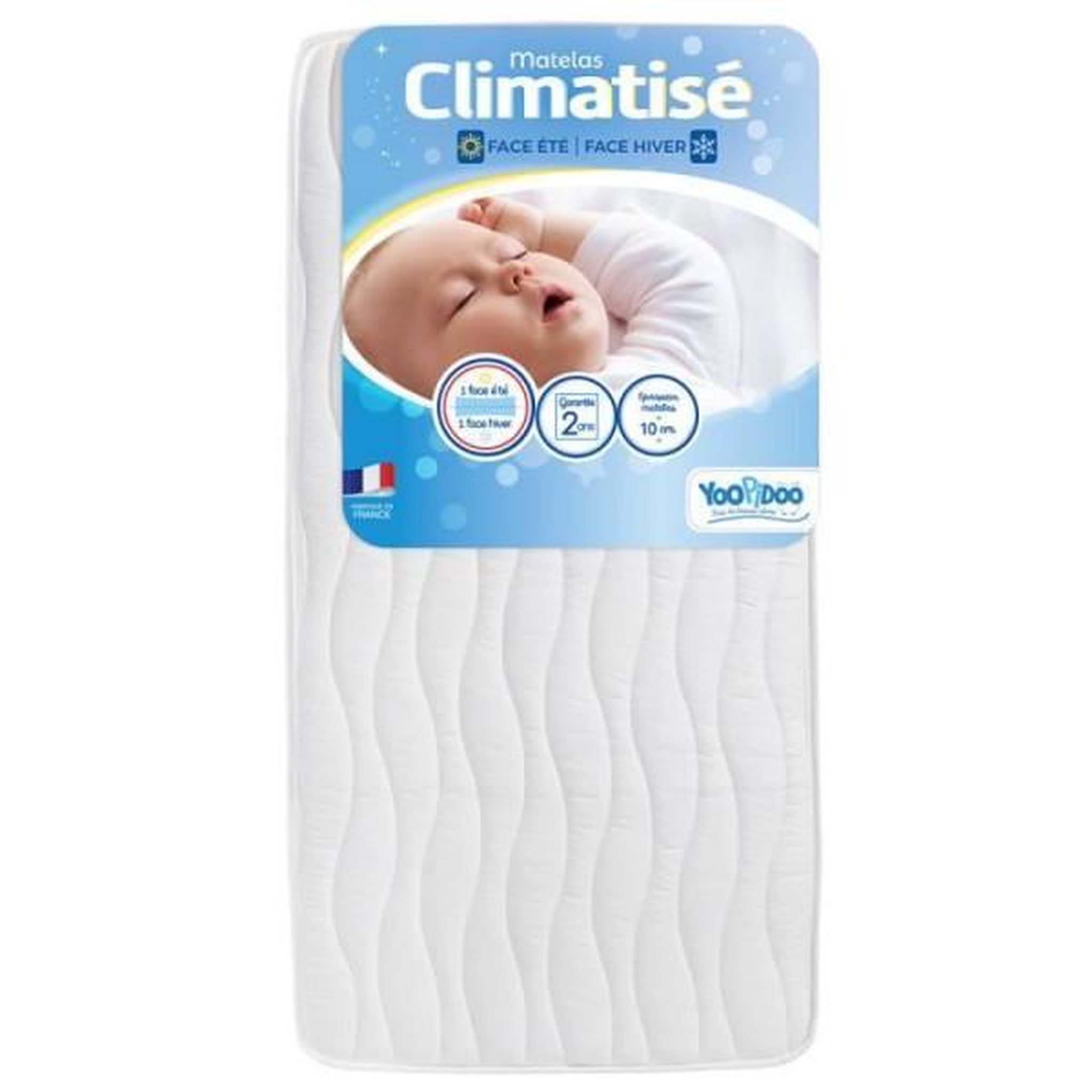 Voir la diapositive 2 : MARKET24 Yoopidoo - Matelas Bébé Climatisé - 60x120 cm - 1 face Été fraîche / 1 face Hiver ouatinée - Sans Traitement chimique
