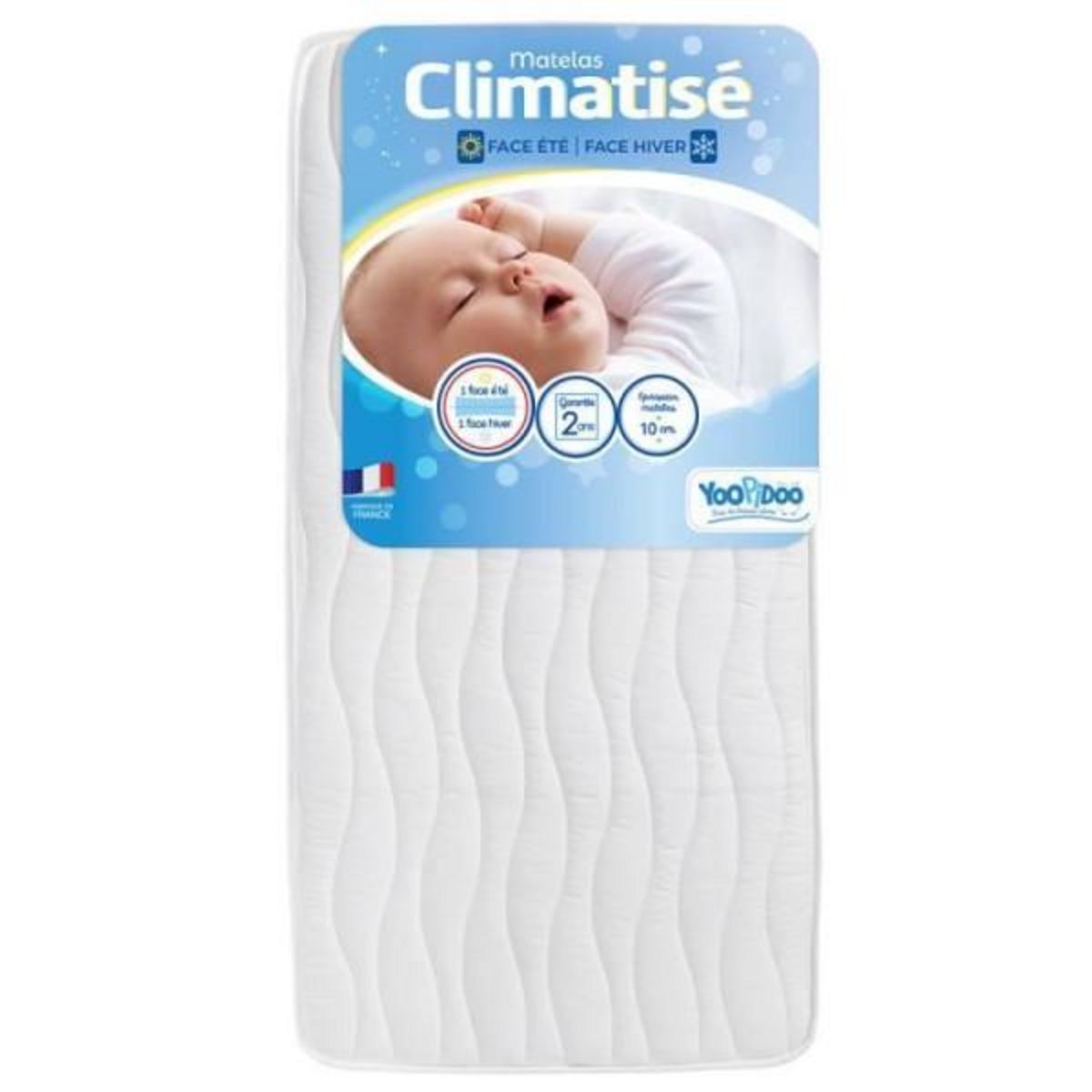 MARKET24 Yoopidoo - Matelas Bébé Climatisé - 60x120 cm - 1 face Été fraîche / 1 face Hiver ouatinée - Sans Traitement chimique