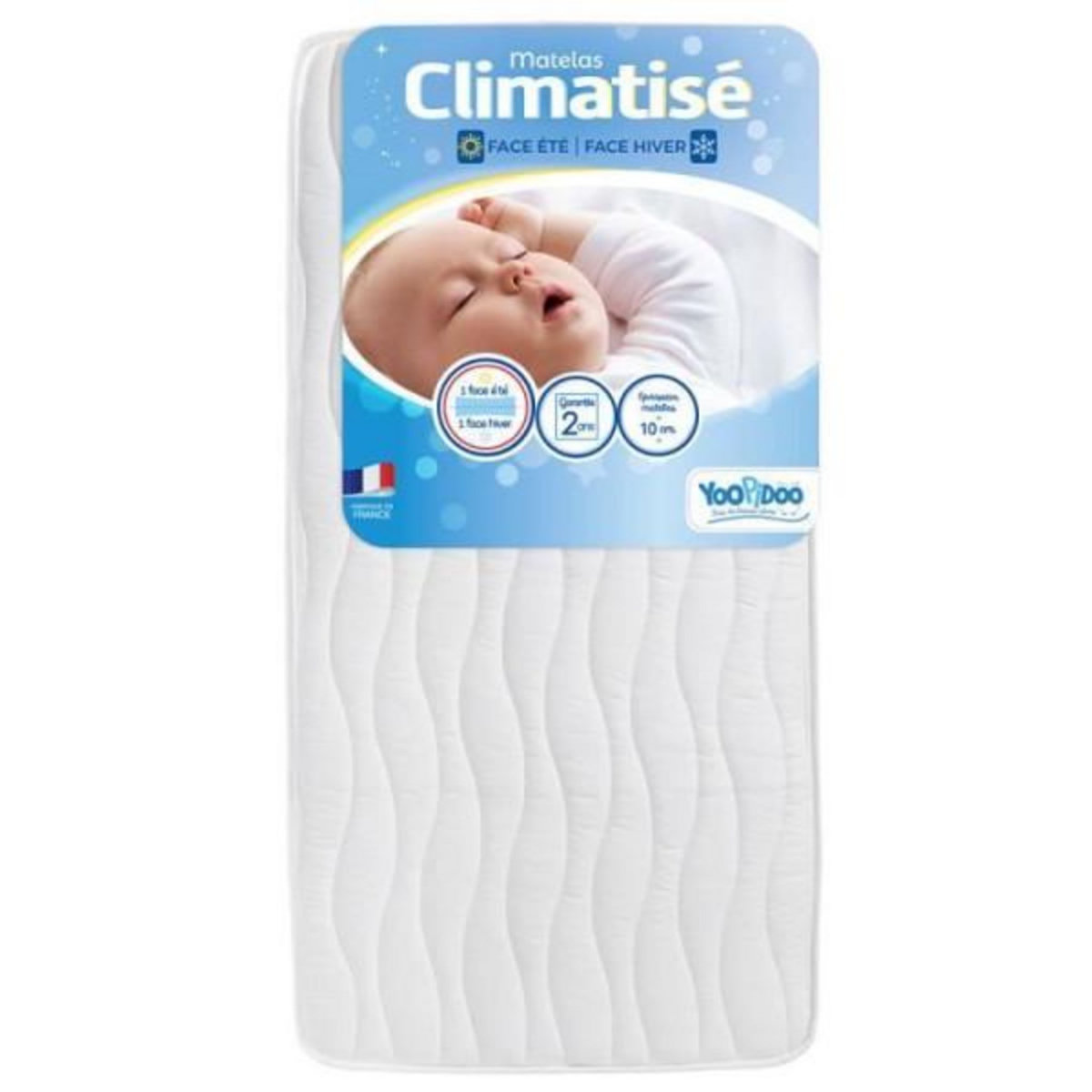 MARKET24 Yoopidoo - Matelas Bébé Climatisé - 60x120 cm - 1 face Été fraîche / 1 face Hiver ouatinée - Sans Traitement chimique
