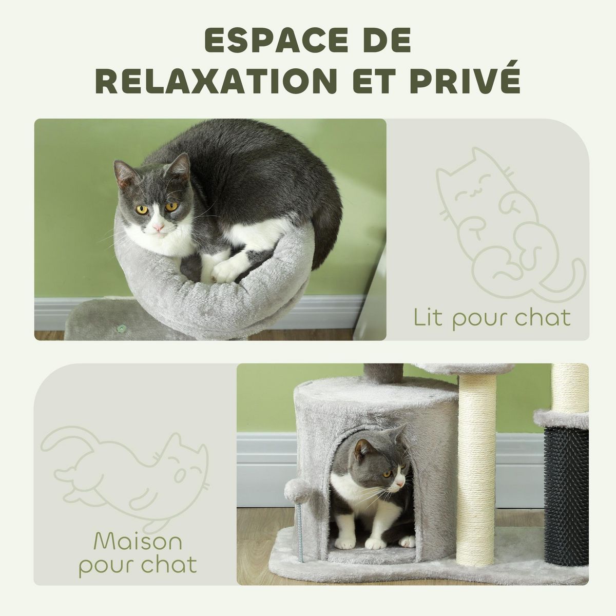 PAWHUT Arbre à chat H.87 cm 3 niv. - griffoirs, niche, bande massante, tour observation, boules - gris clair