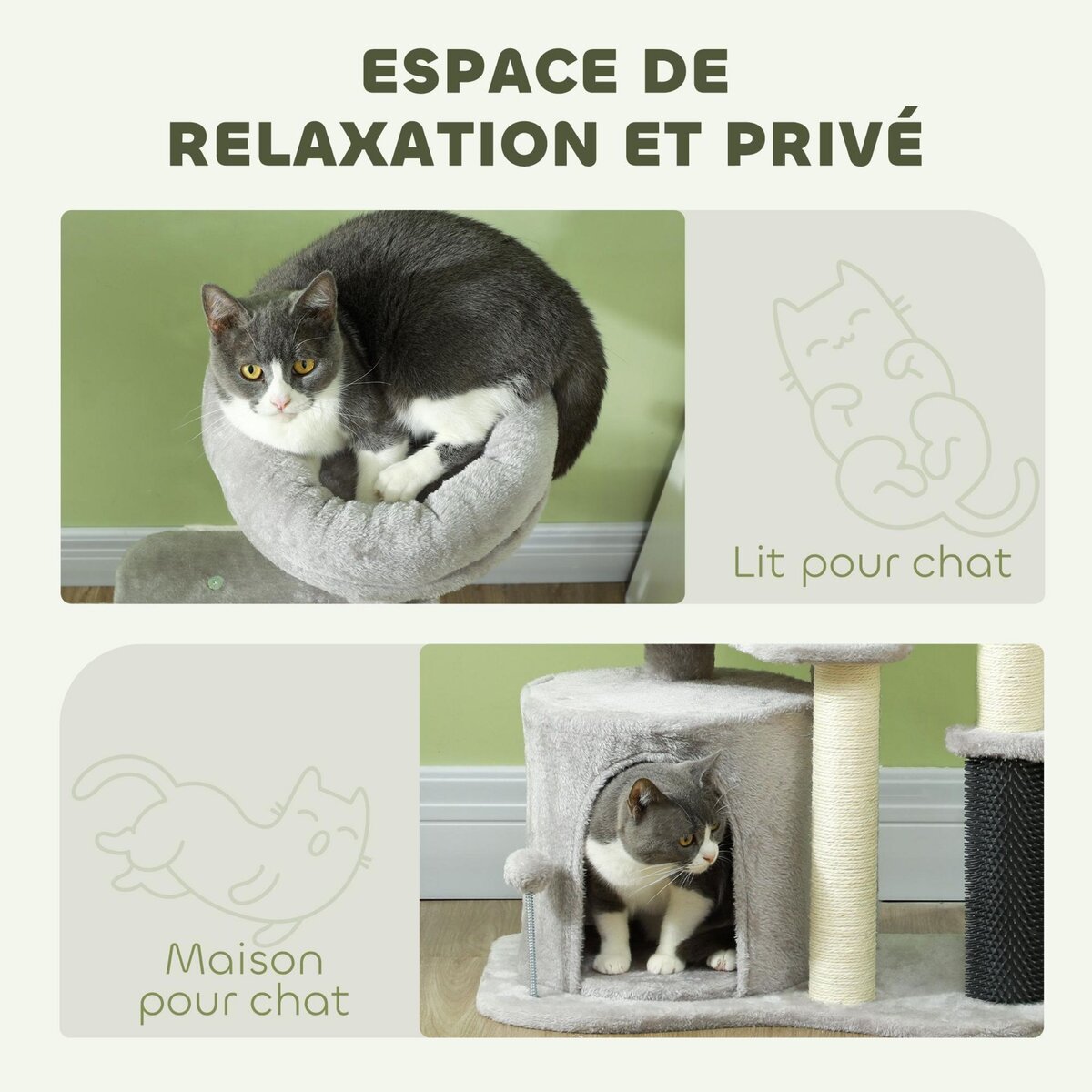 PAWHUT Arbre à chat H.87 cm 3 niv. - griffoirs, niche, bande massante, tour observation, boules - gris clair